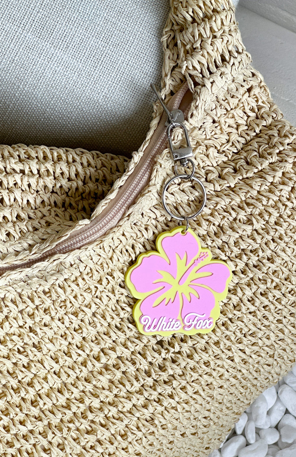 Vacation Keychain - Yellow & Pink Rubber Keyring with Puff Print Design