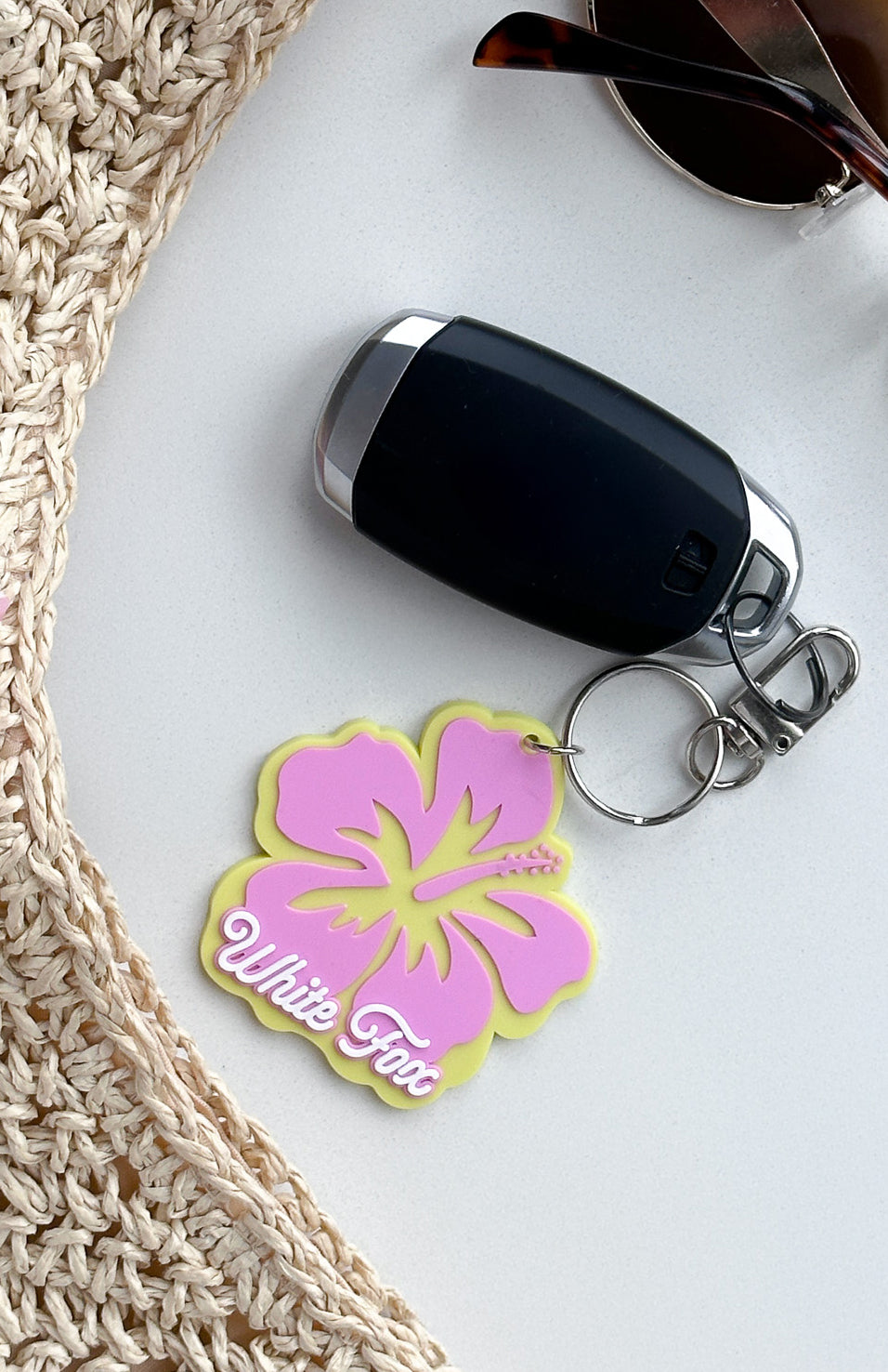 Vacation Keychain - Yellow & Pink Rubber Keyring with Puff Print Design