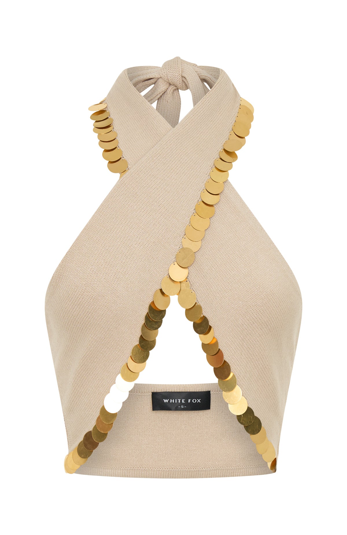 Oat Halter Neck Knit Top with Gold Sequin Embellishment