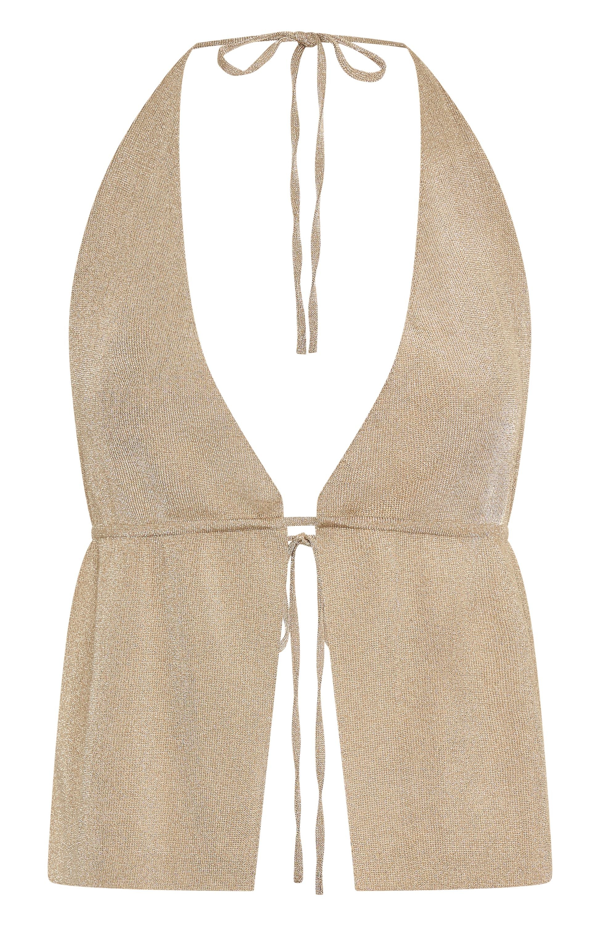 Gold Halter Knit Top - Backless & Metallic Y2K Style