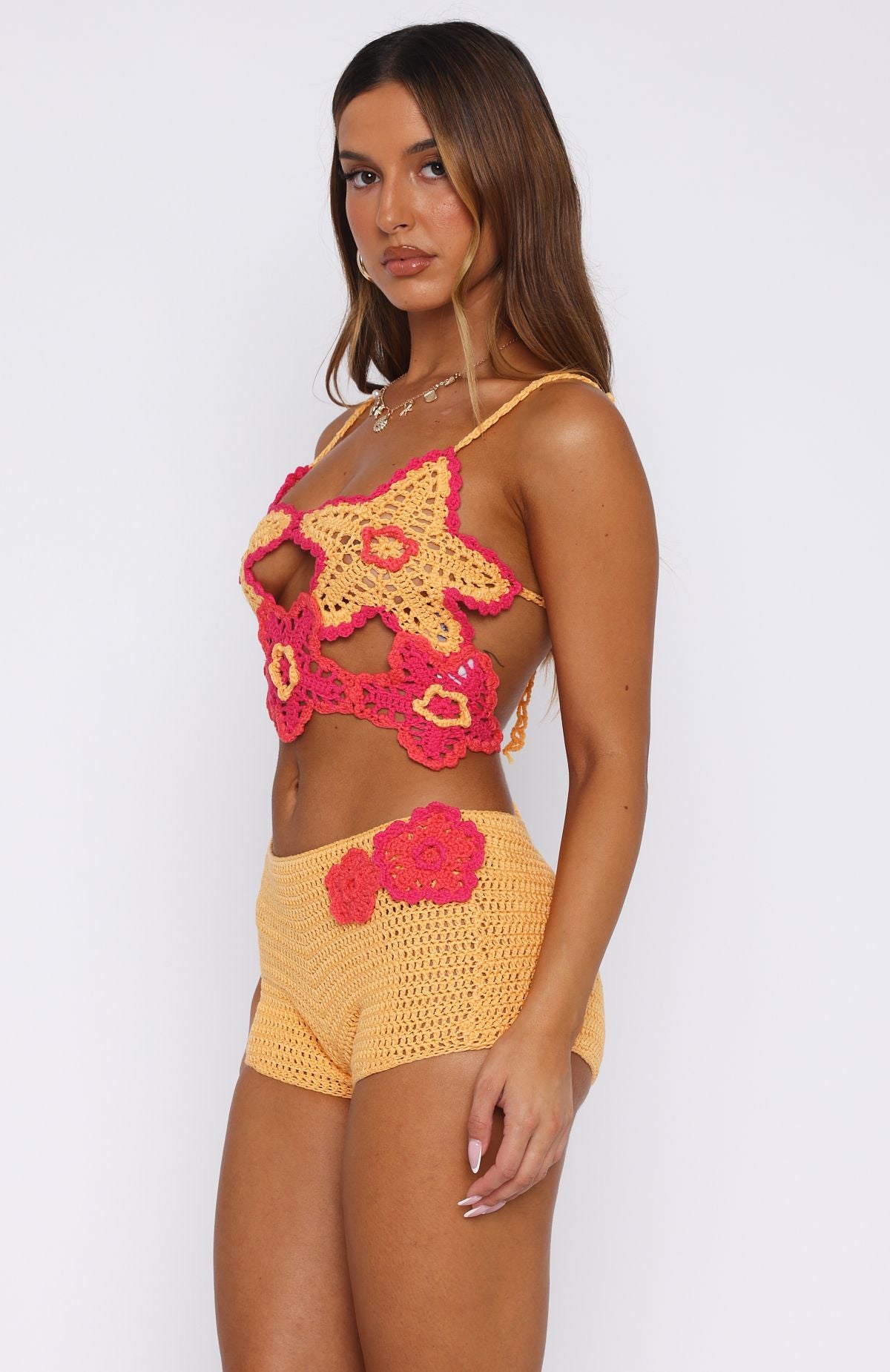Pastel Orange Pink Crochet Top with Adjustable Straps – So Fresh