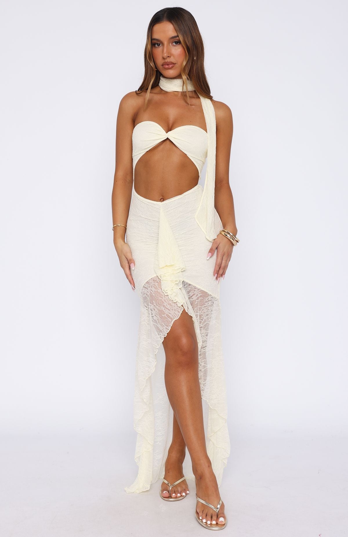 Lemon Lace Maxi Dress with Detachable Neck Tie & Strapless Design