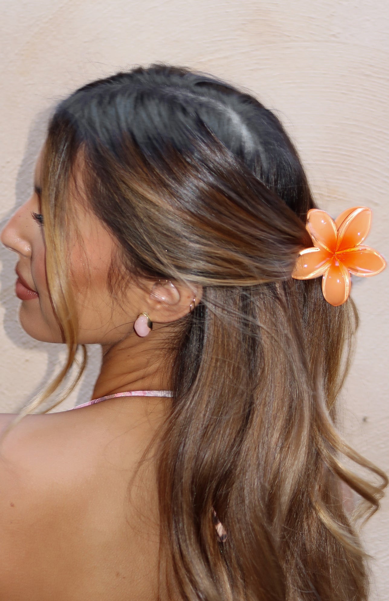 Peach Floral Hair Clip with Spring Closure - Beach Hair Accessory