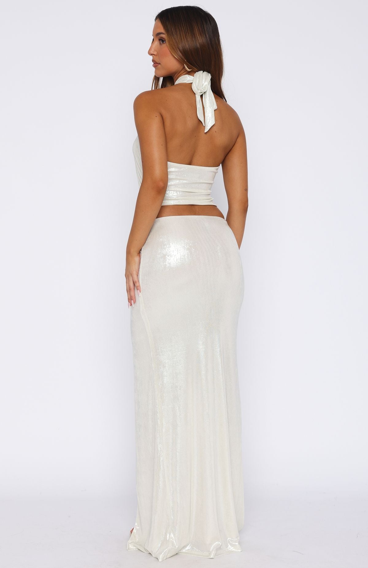 Pearl Halter Maxi Dress with Cut Out Waist & Front Split