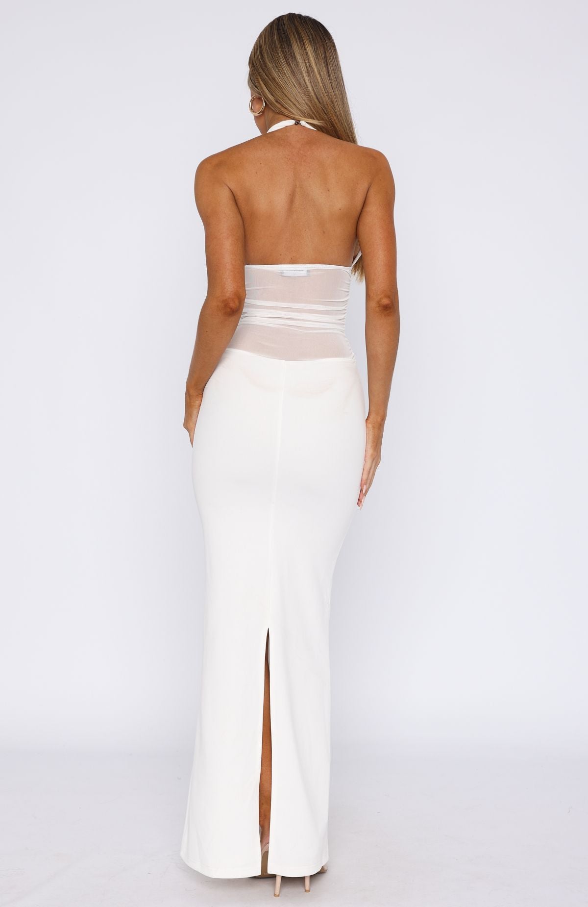 White Halter Neck Maxi Dress with Sheer Bodice & Backless Design