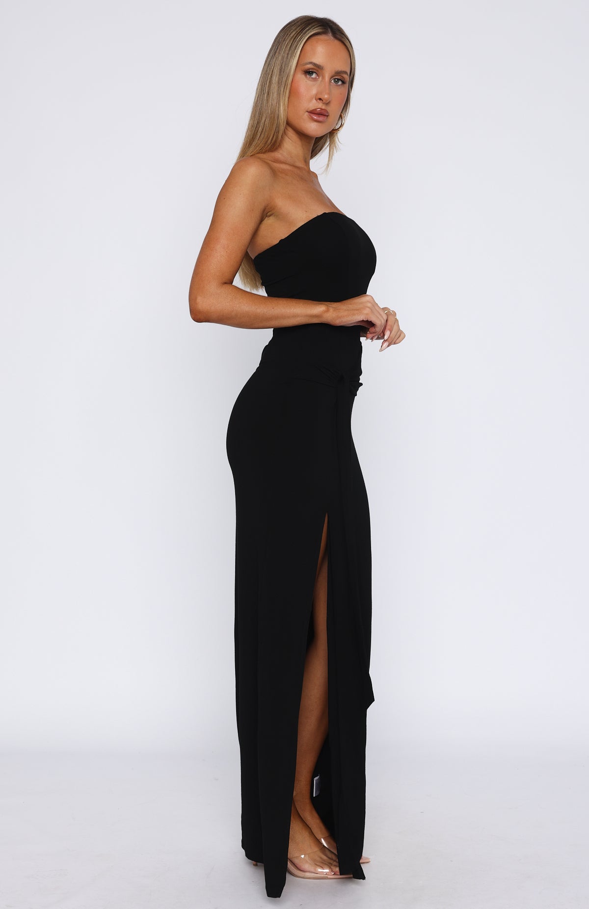 Black Strapless Maxi Dress with Waist Knot & Side Split