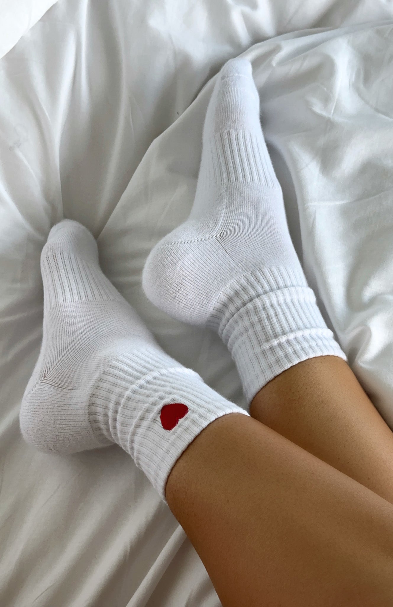 White Heart Embroidered Cotton Crew Socks for Women
