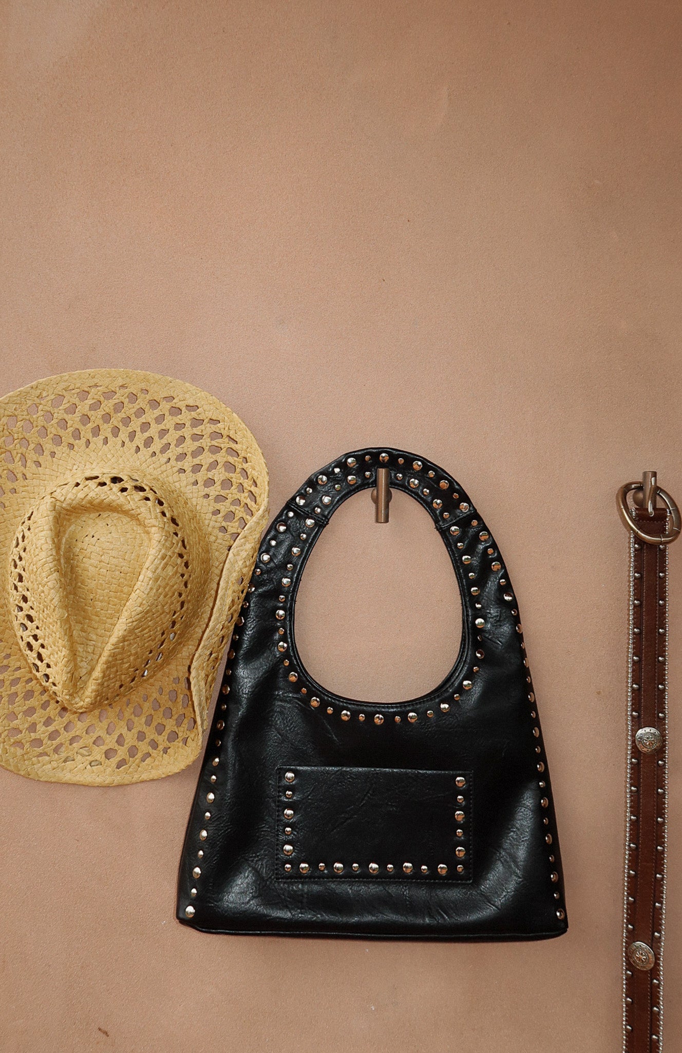 Guita Black PU Studded Shoulder Bag with Front Pocket