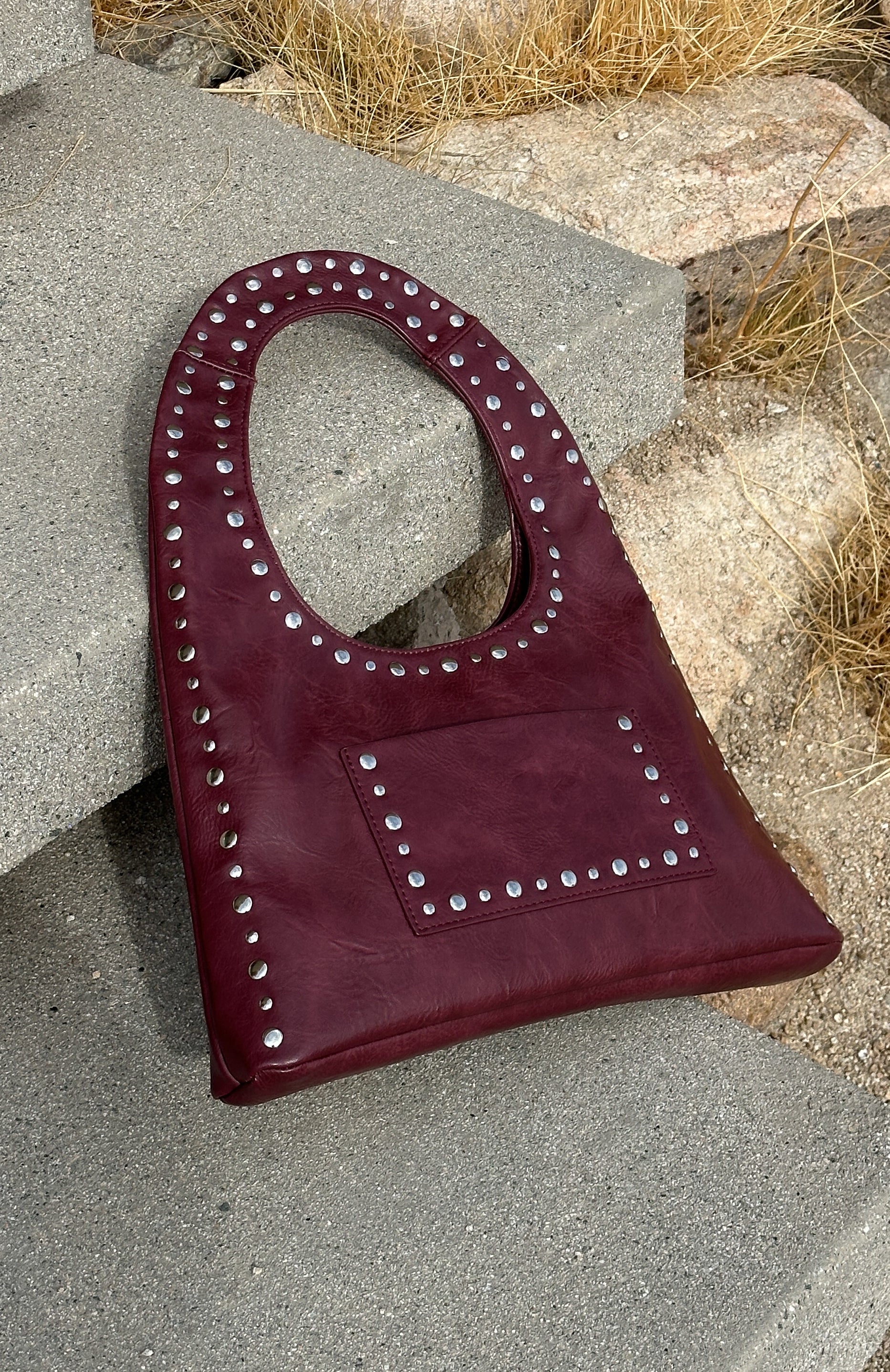 Guita Burgundy PU Studded Shoulder Bag with Front Pocket