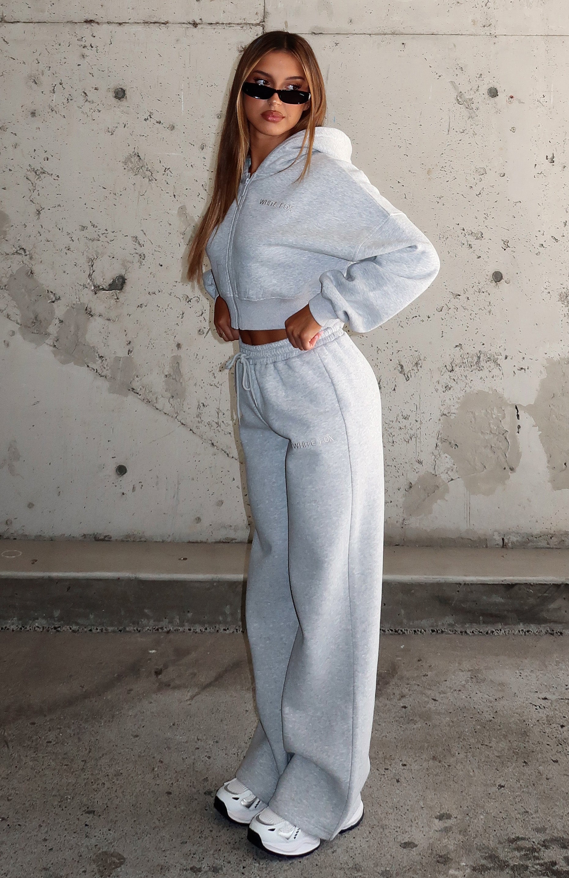 White Fox Stay Lifted Wide Leg Sweatpants - Dark Grey Marle Fleece