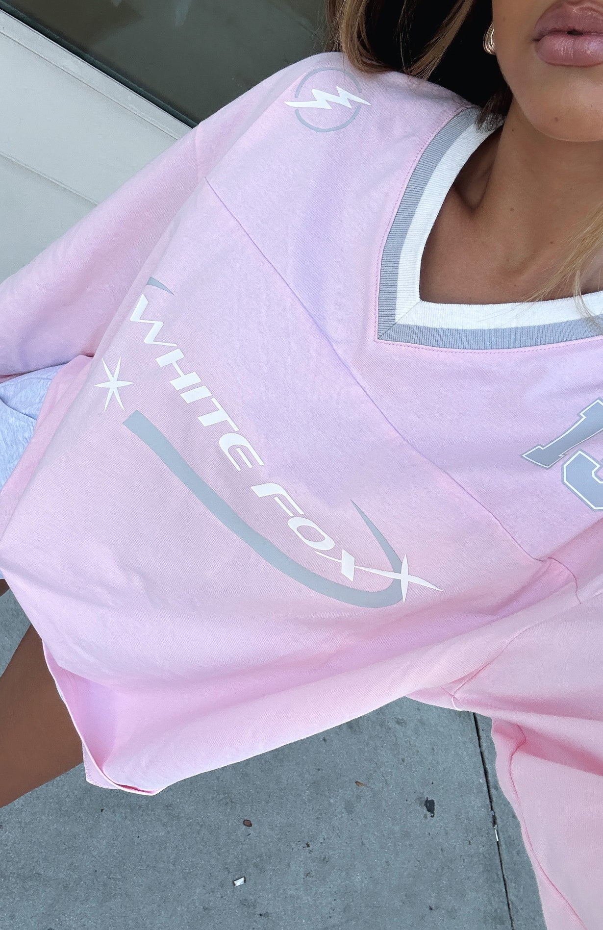 Women's Oversized Pink Jersey Top - Long Sleeve V-Neck Cotton Shirt