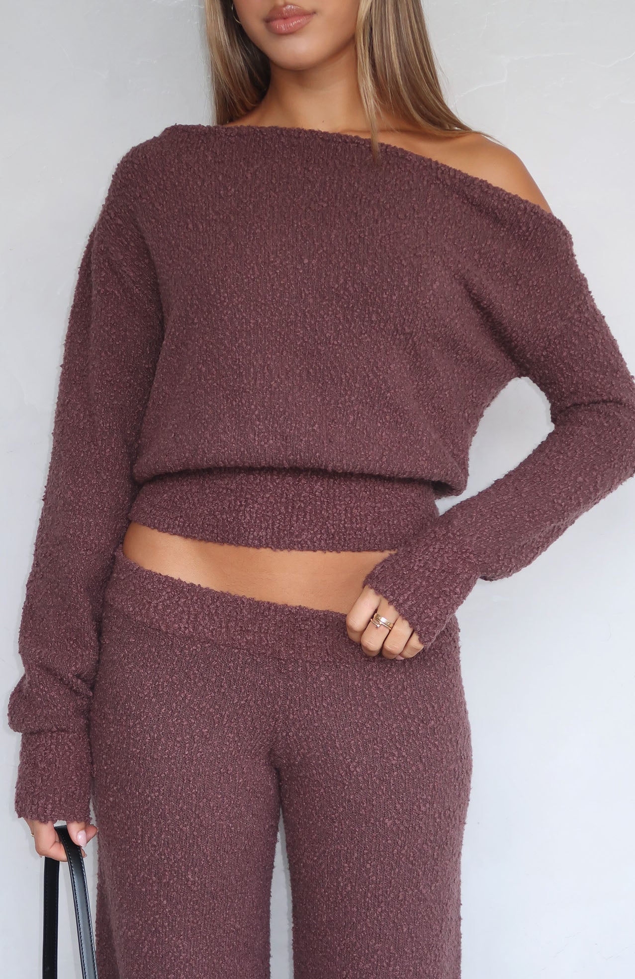 Chocolate Knit Sweater with One Shoulder Neckline - Please Be Mine