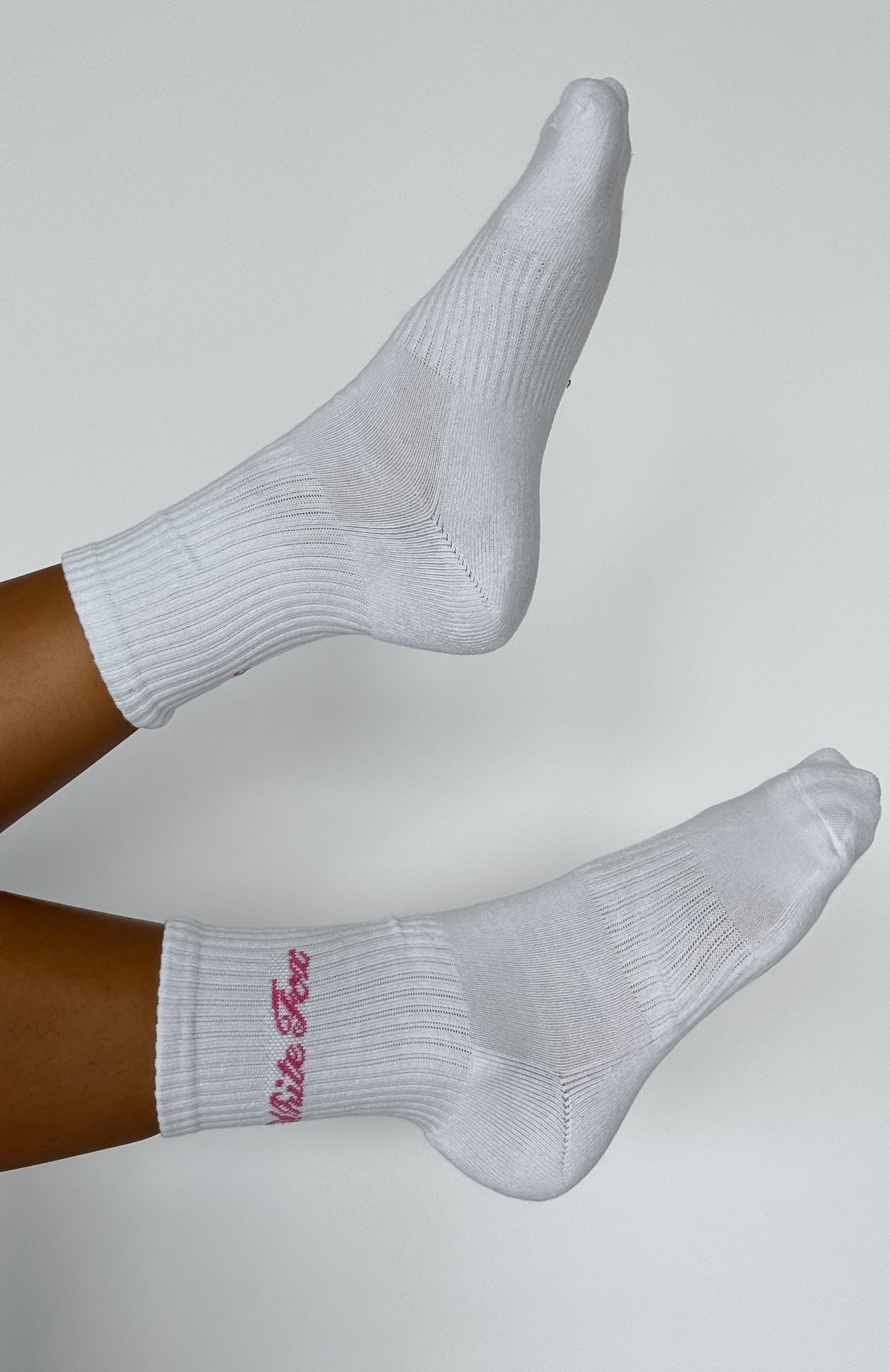White Fox Walk The Same Cotton Crew Socks - White/Pink with Embroidered Logo