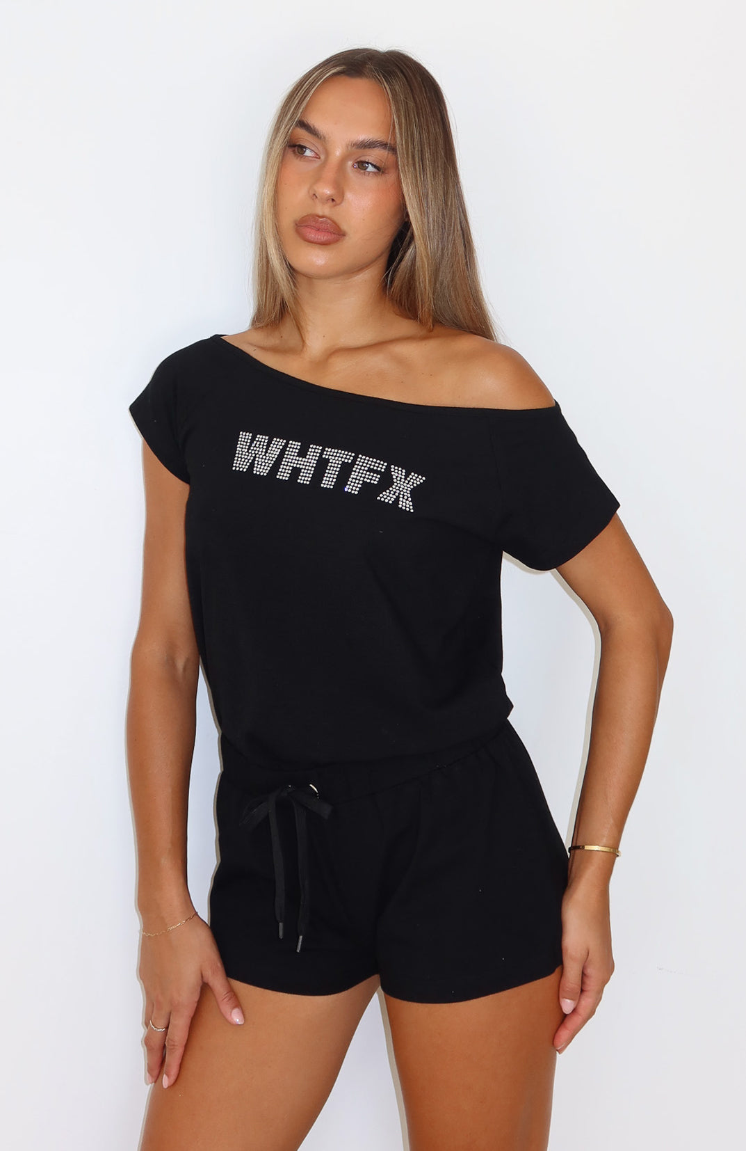 Black Off Shoulder Playsuit with Elastic Waistband & Diamanté Detail