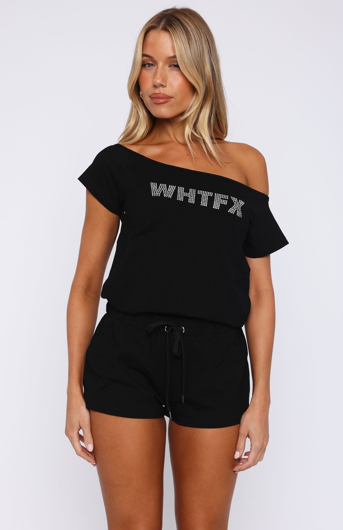 Black Off Shoulder Playsuit with Elastic Waistband & Diamanté Detail