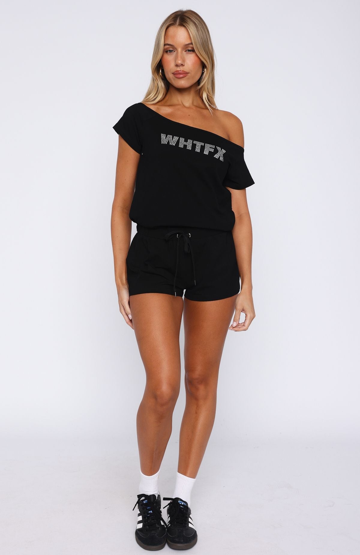Black Off Shoulder Playsuit with Elastic Waistband & Diamanté Detail