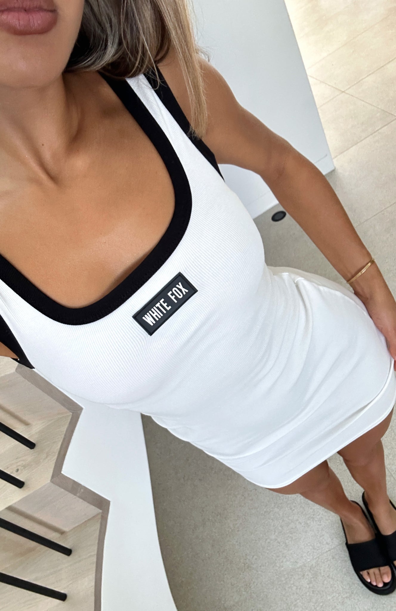 White Ribbed Mini Dress by Our Own Way - Square Neck, Thick Straps