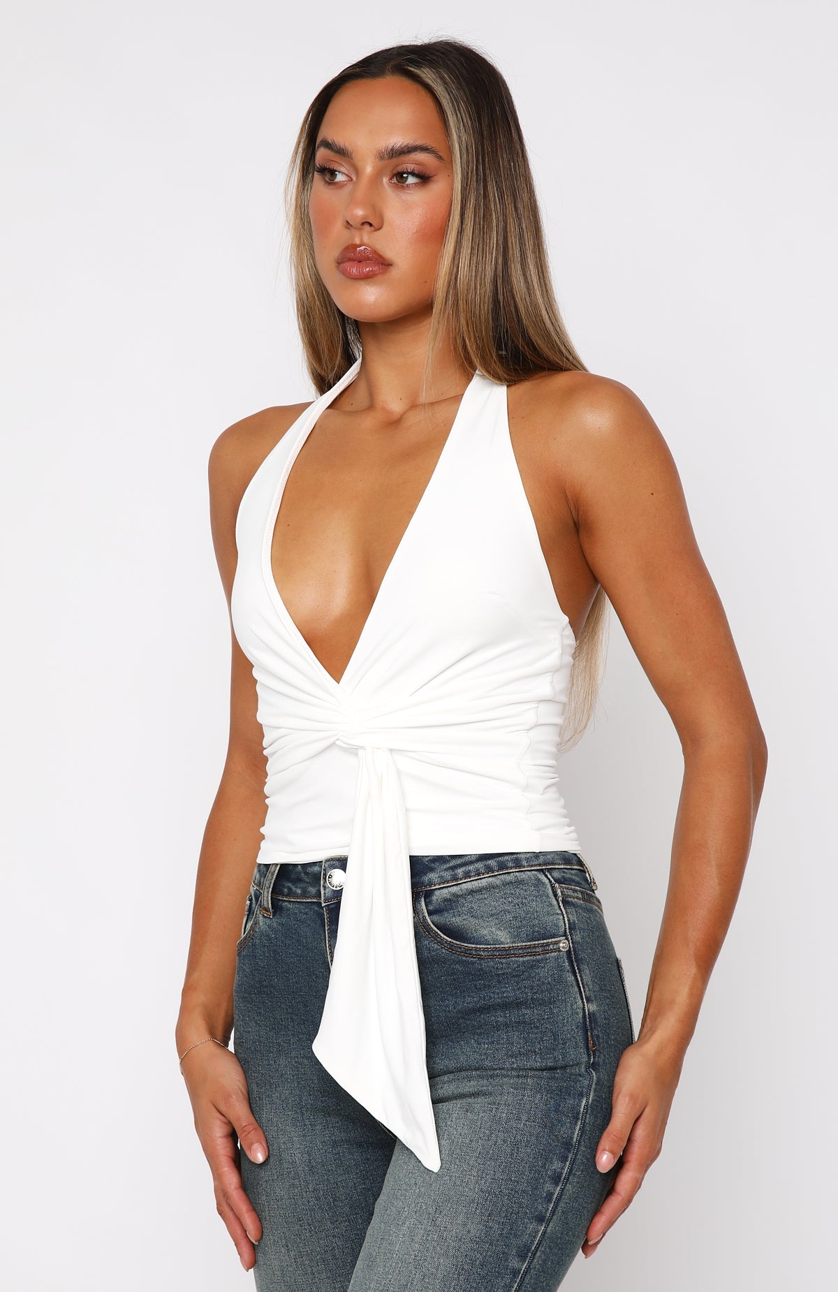 Thoughts Of You Off White Halter Top with Front Tie Detail
