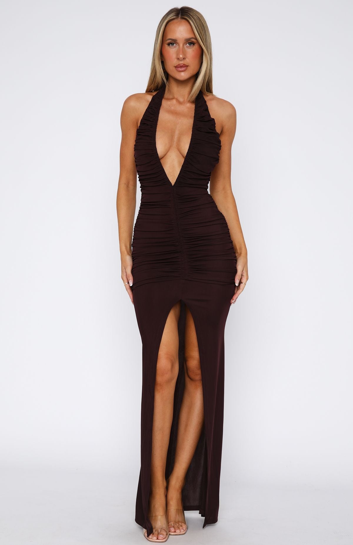 Chocolate Halter Maxi Dress with Plunge Neck & Backless Design