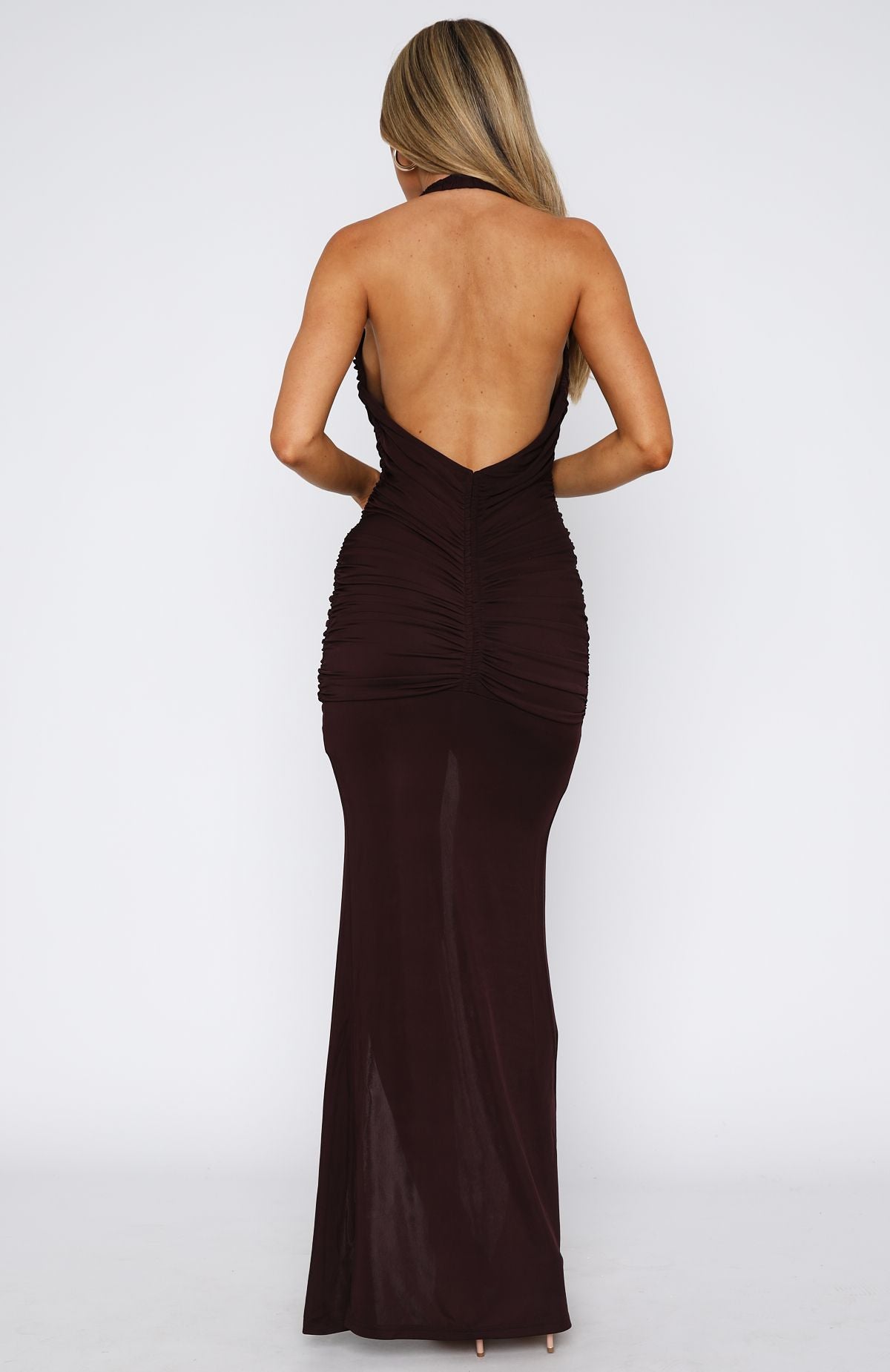 Chocolate Halter Maxi Dress with Plunge Neck & Backless Design