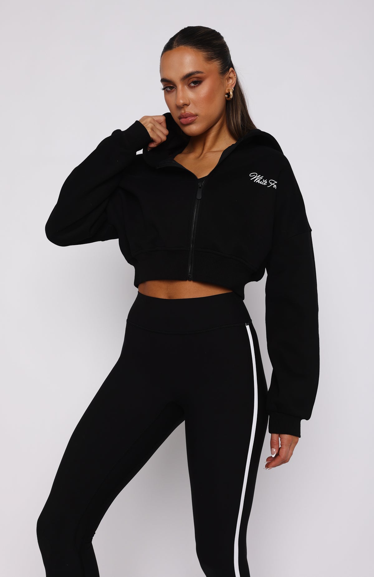 White Fox Active Cropped Zip Hoodie - Black Oversized Fleece
