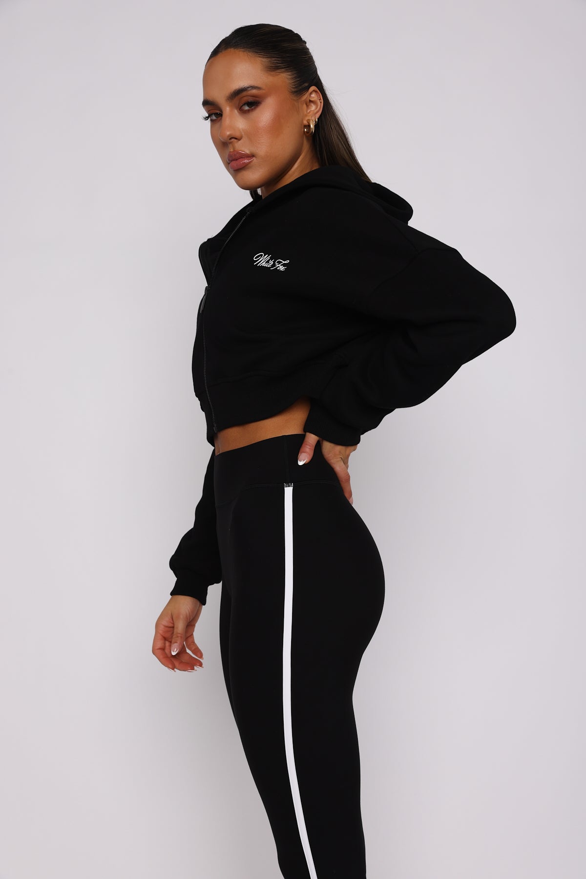 White Fox Active Cropped Zip Hoodie - Black Oversized Fleece