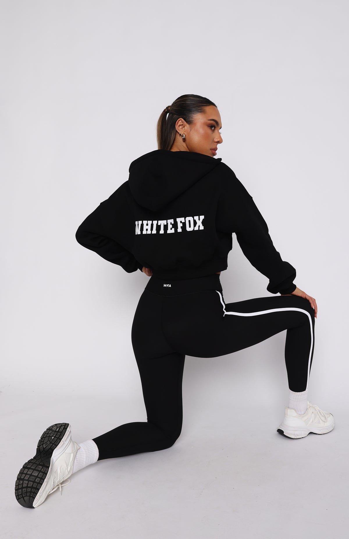 White Fox Active Cropped Zip Hoodie - Black Oversized Fleece