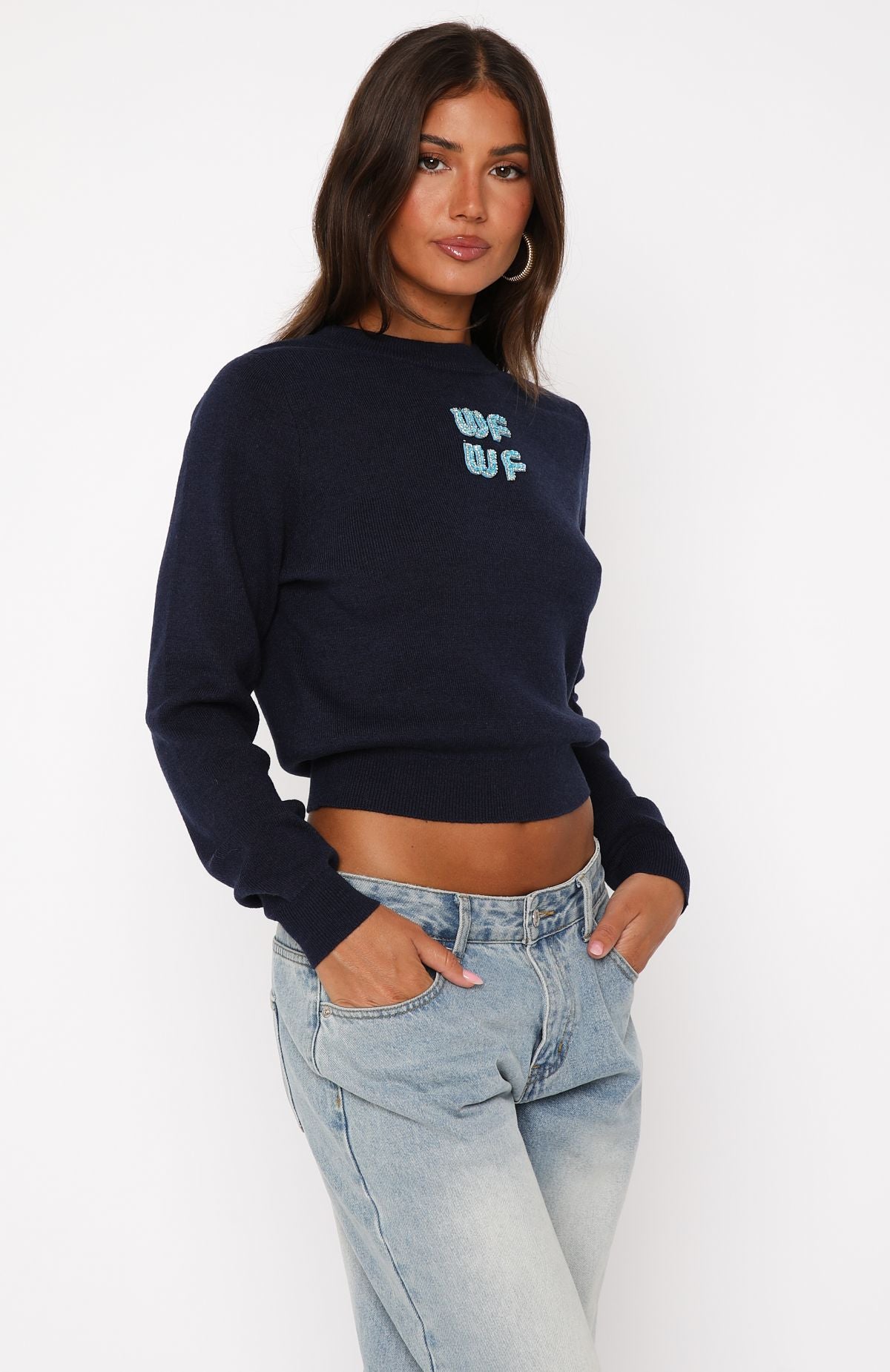 Women's Navy Knit Sweater with Beaded Logo - Recycled Polyester Blend