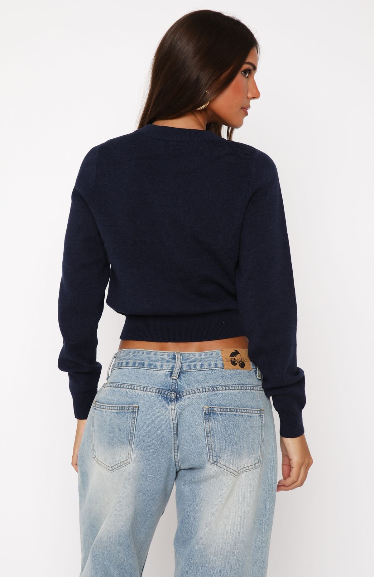 Women's Navy Knit Sweater with Beaded Logo - Recycled Polyester Blend
