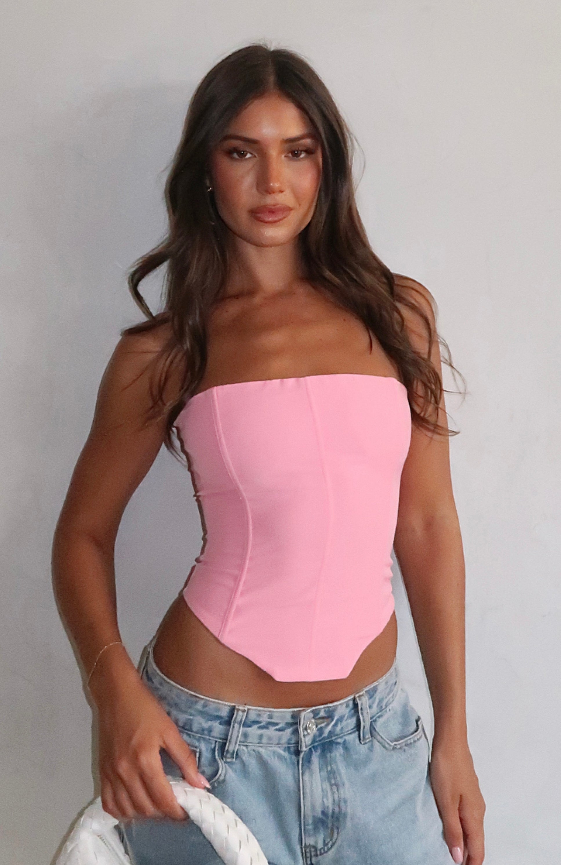 Strapless Bustier Top with Grip Tape & Lace-Up Back - Bubblegum Pink