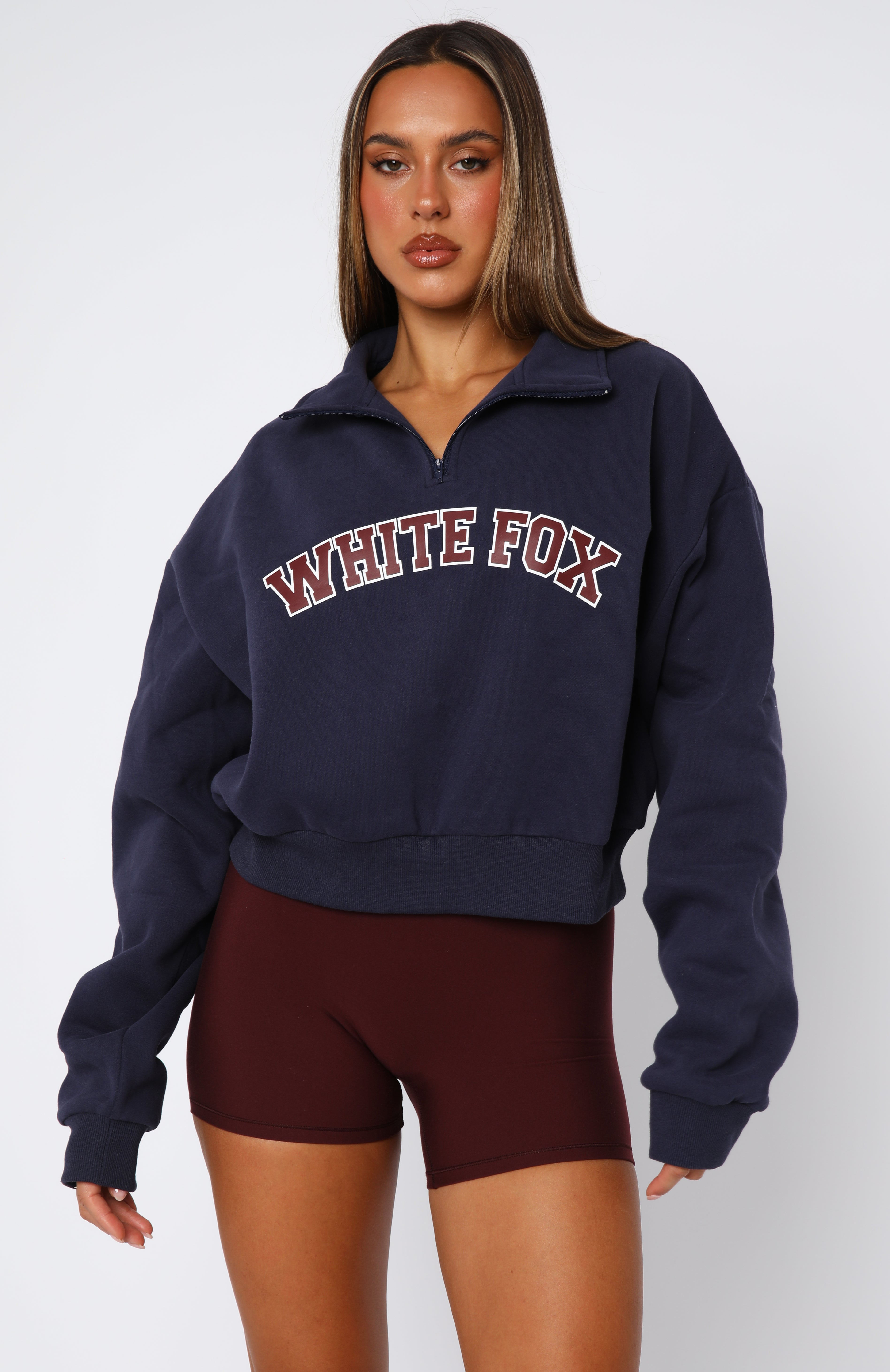 White Fox Active Cropped Quarter Zip Sweater - Navy Fleece-Lined