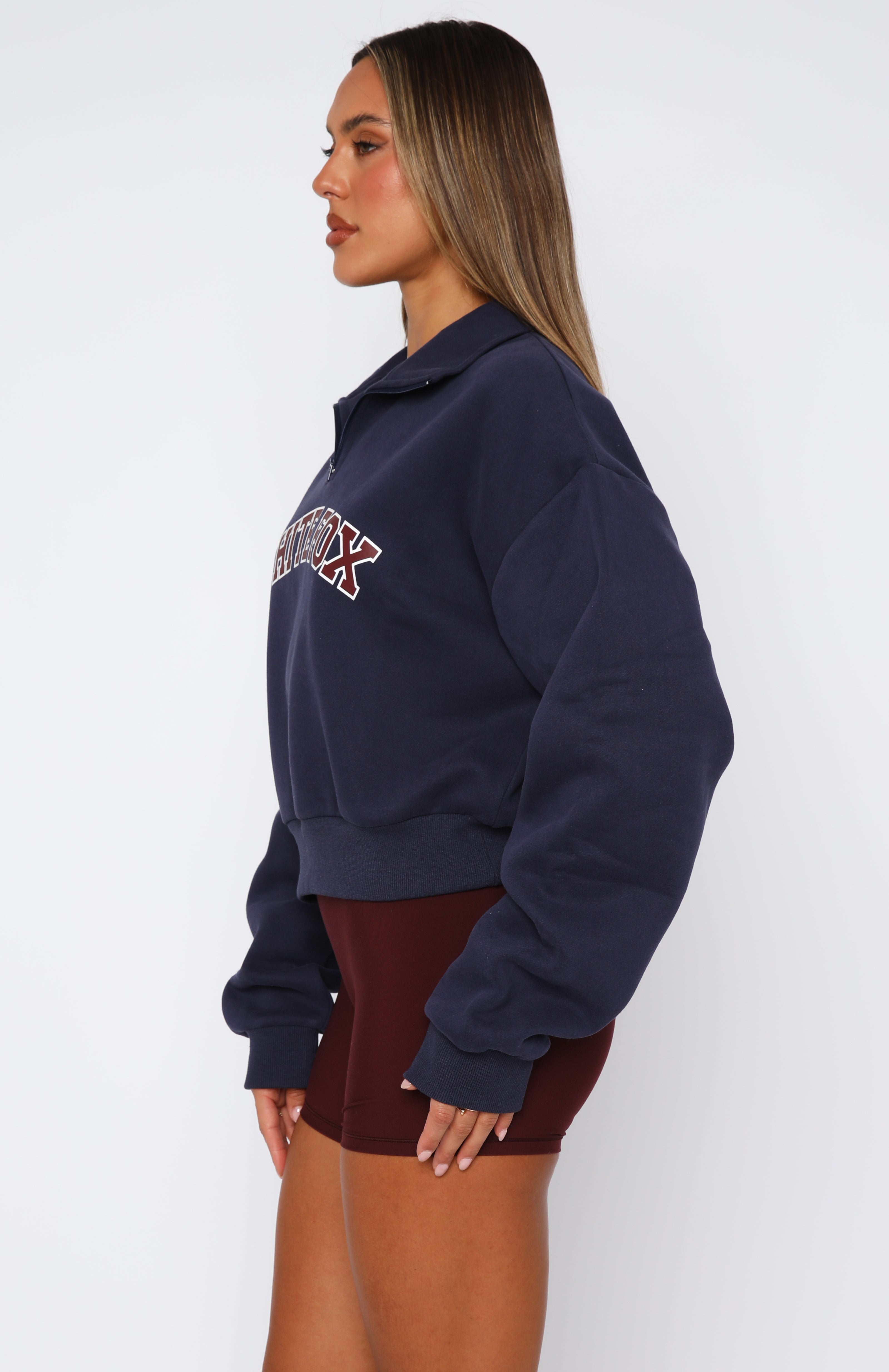 White Fox Active Cropped Quarter Zip Sweater - Navy Fleece-Lined
