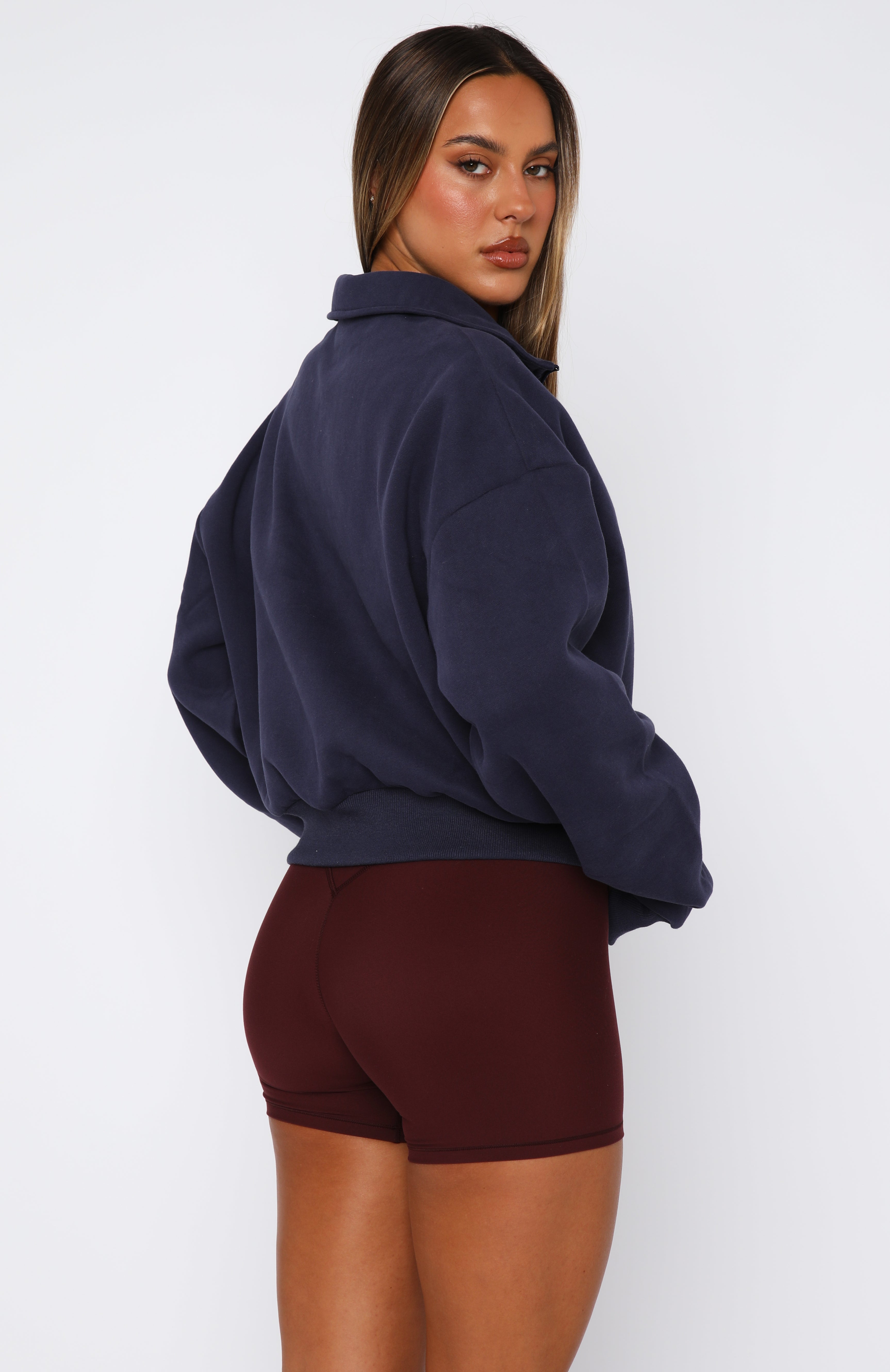 White Fox Active Cropped Quarter Zip Sweater - Navy Fleece-Lined