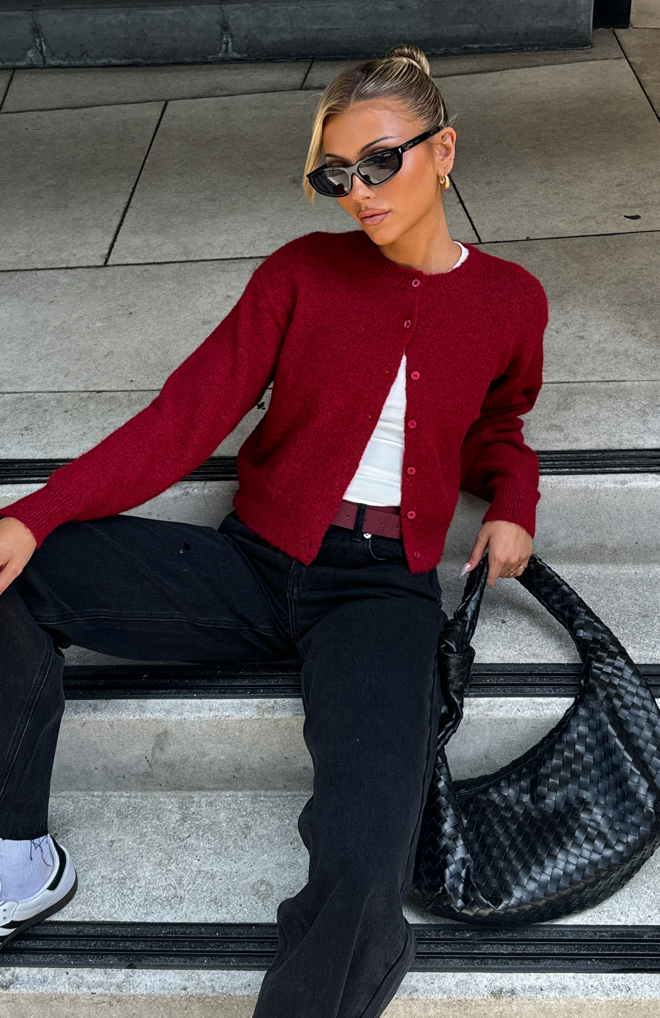 Burgundy Knit Cardigan - Warm Whispers Cropped Button-Up
