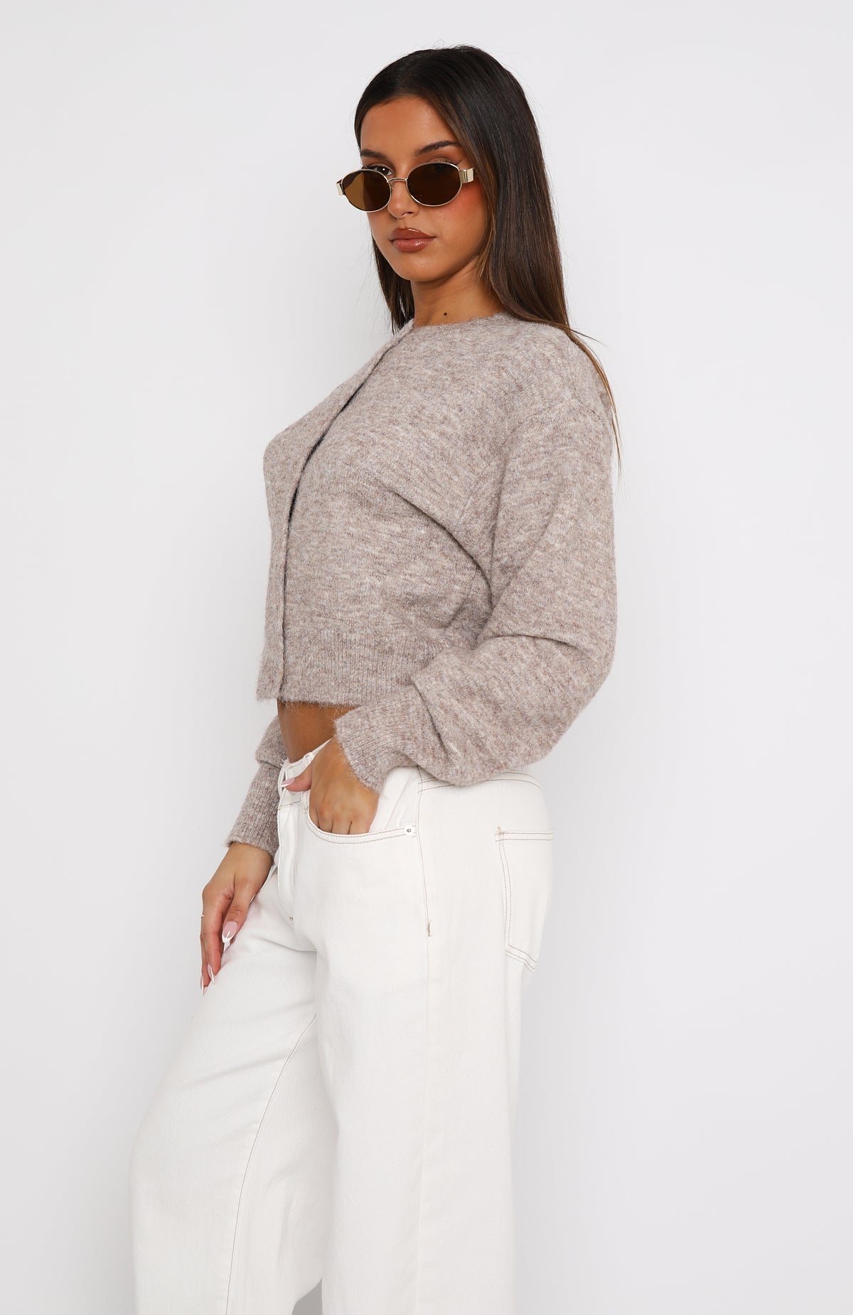 Taupe Knit Cardigan for Women - Warm Whispers Cropped Button-Up