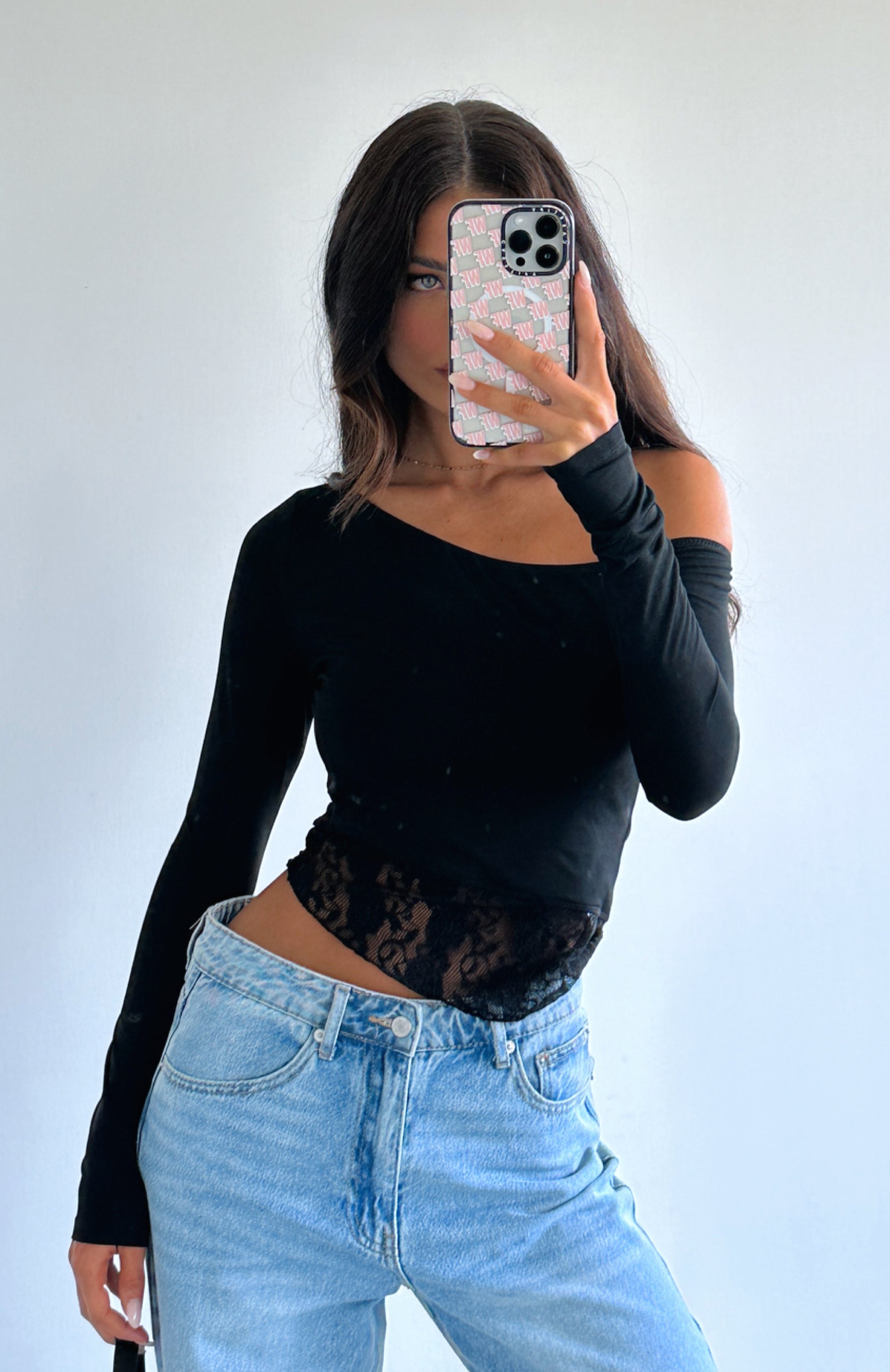 Black Long Sleeve Lace Trim Top - Asymmetric Shoulder Design
