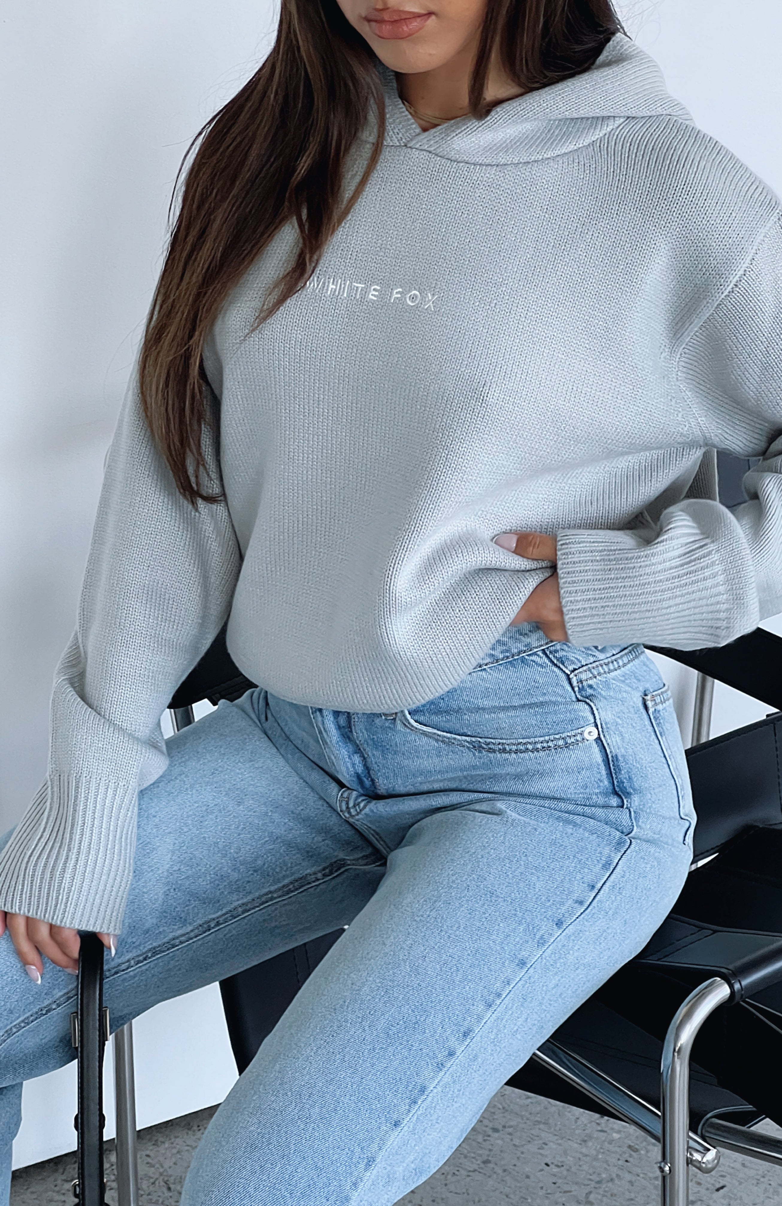 White Fox Light Grey Knit Hoodie - Relaxed Fit & Embroidered Logo