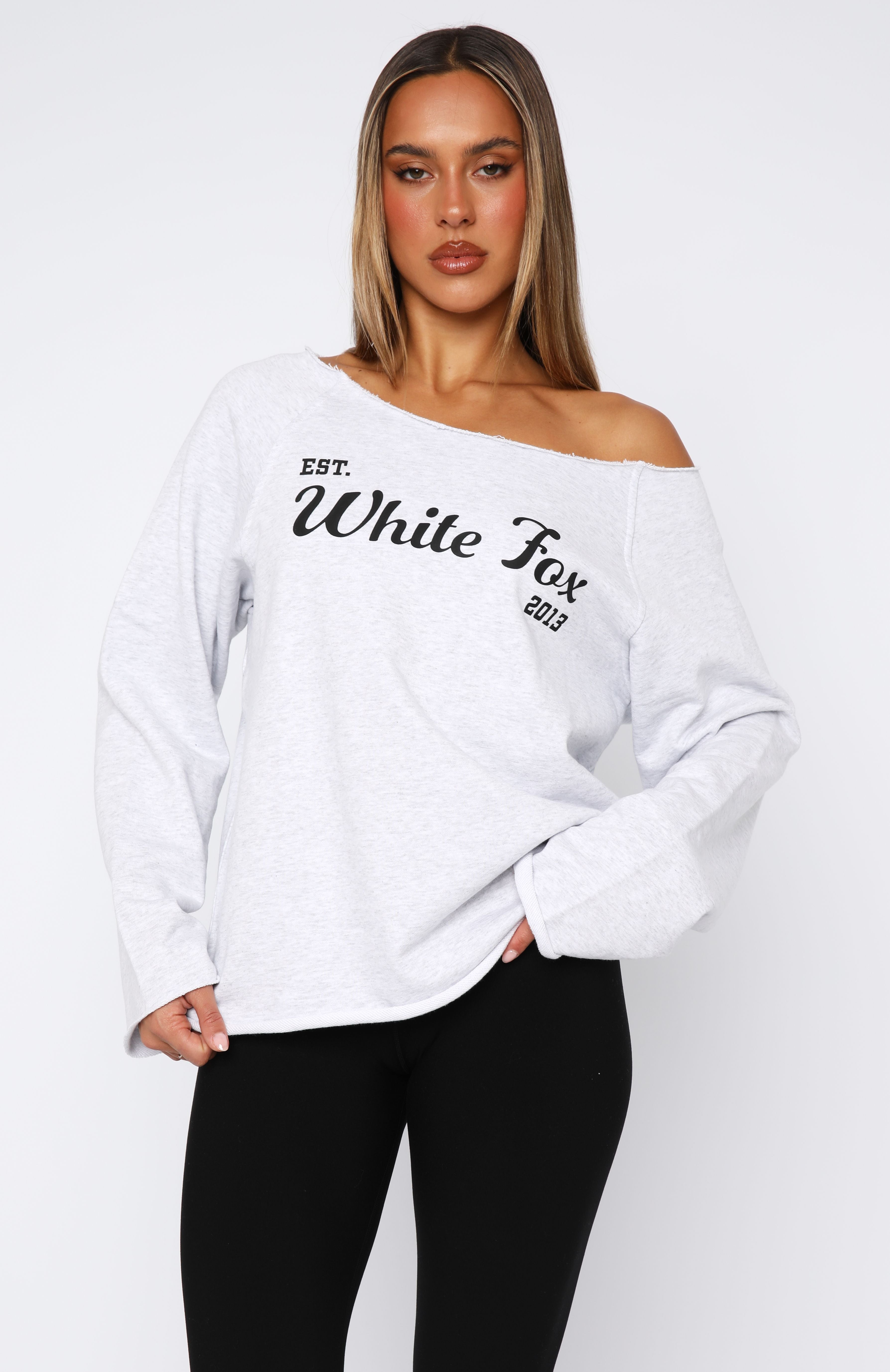 White Fox Active Off Shoulder Sweater - Grey Marle Cotton Top