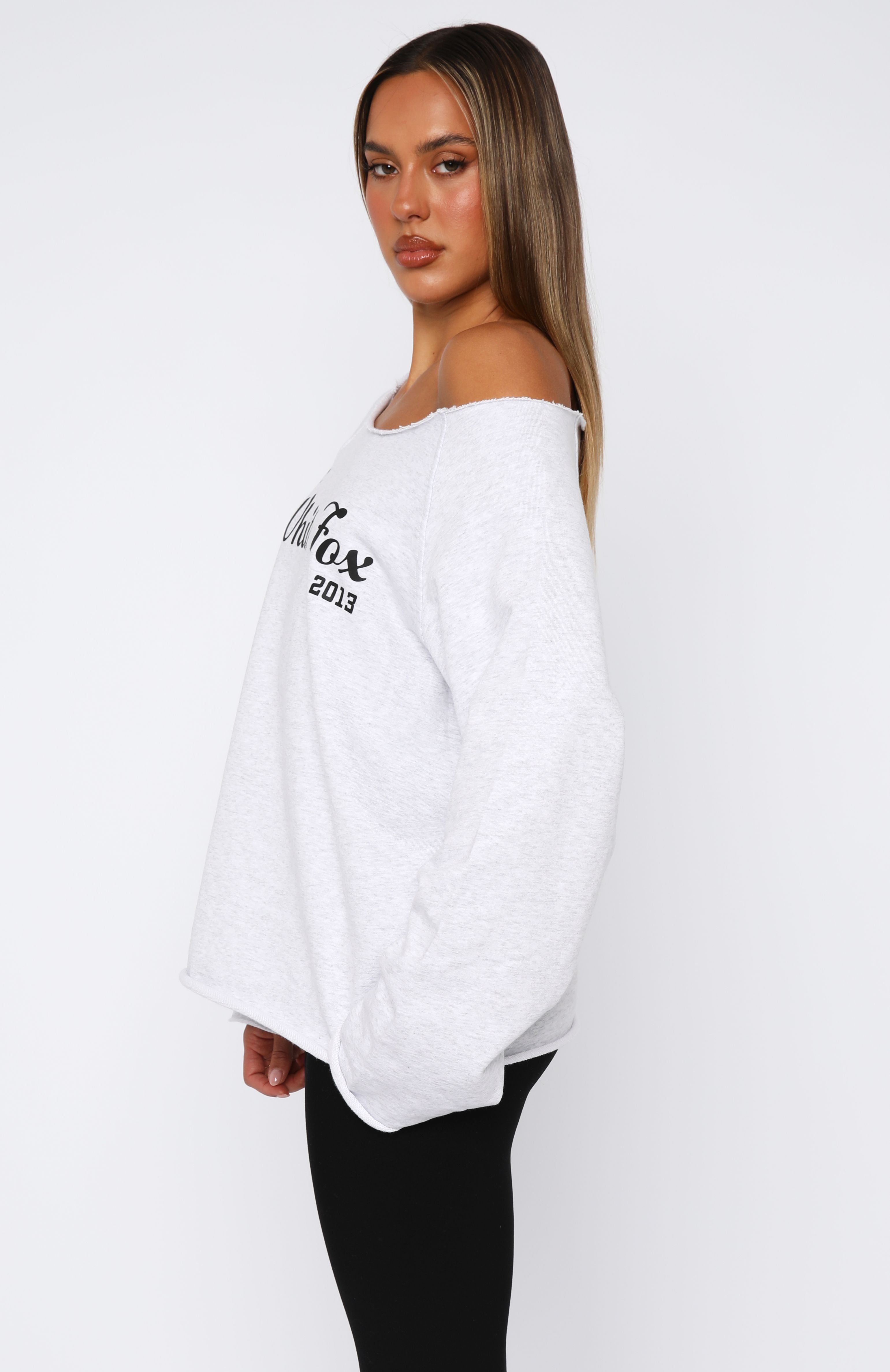 White Fox Active Off Shoulder Sweater - Grey Marle Cotton Top