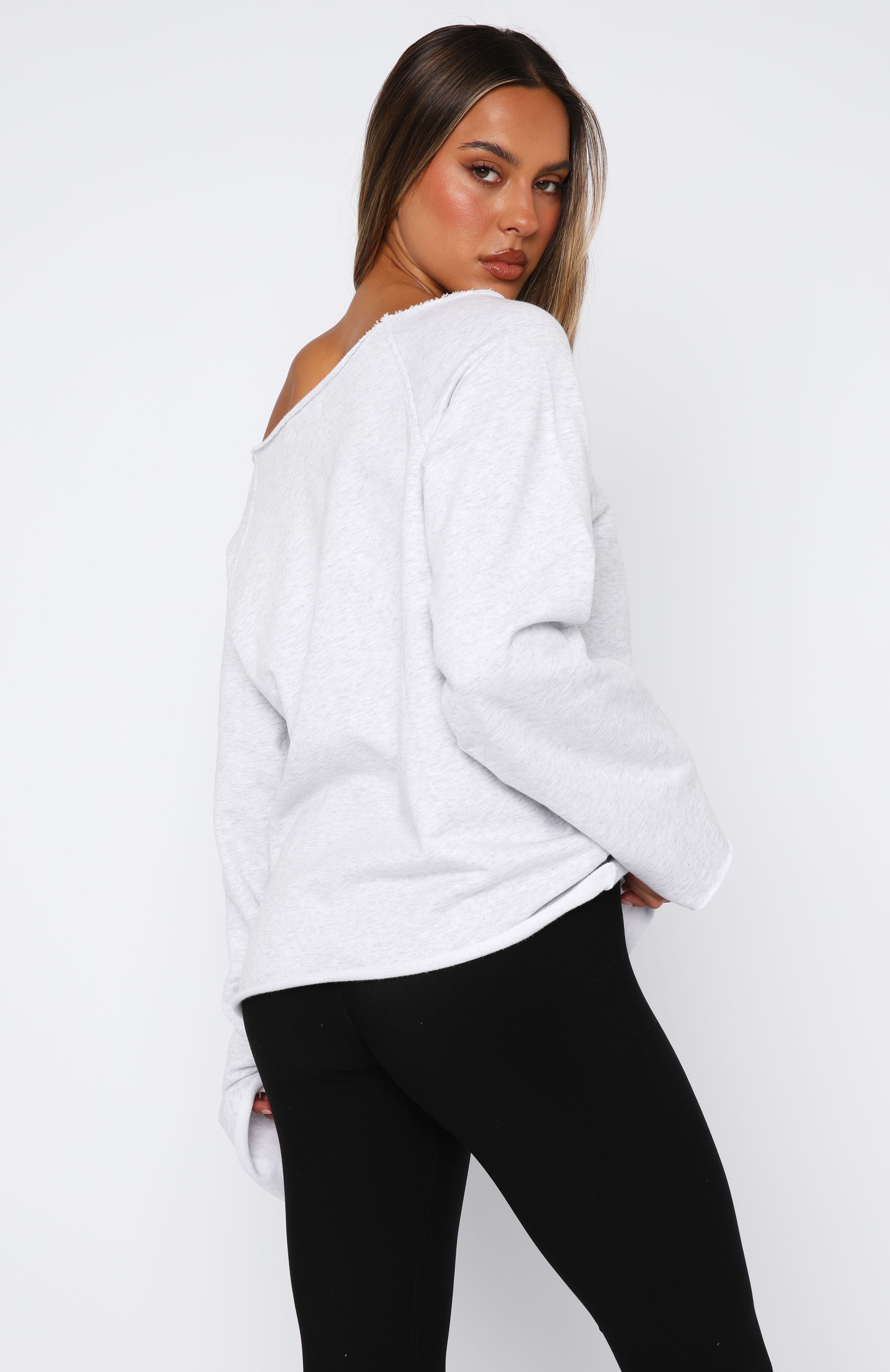 White Fox Active Off Shoulder Sweater - Grey Marle Cotton Top