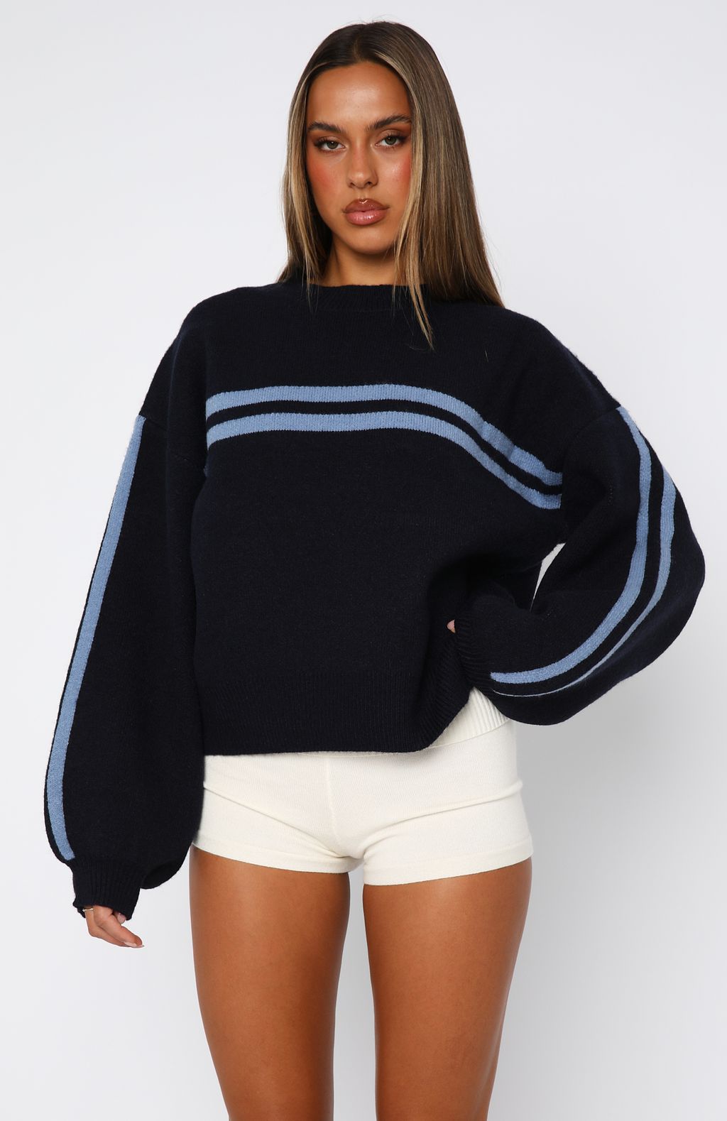 Navy Knit Sweater with Stripe Design - Bring Me Back