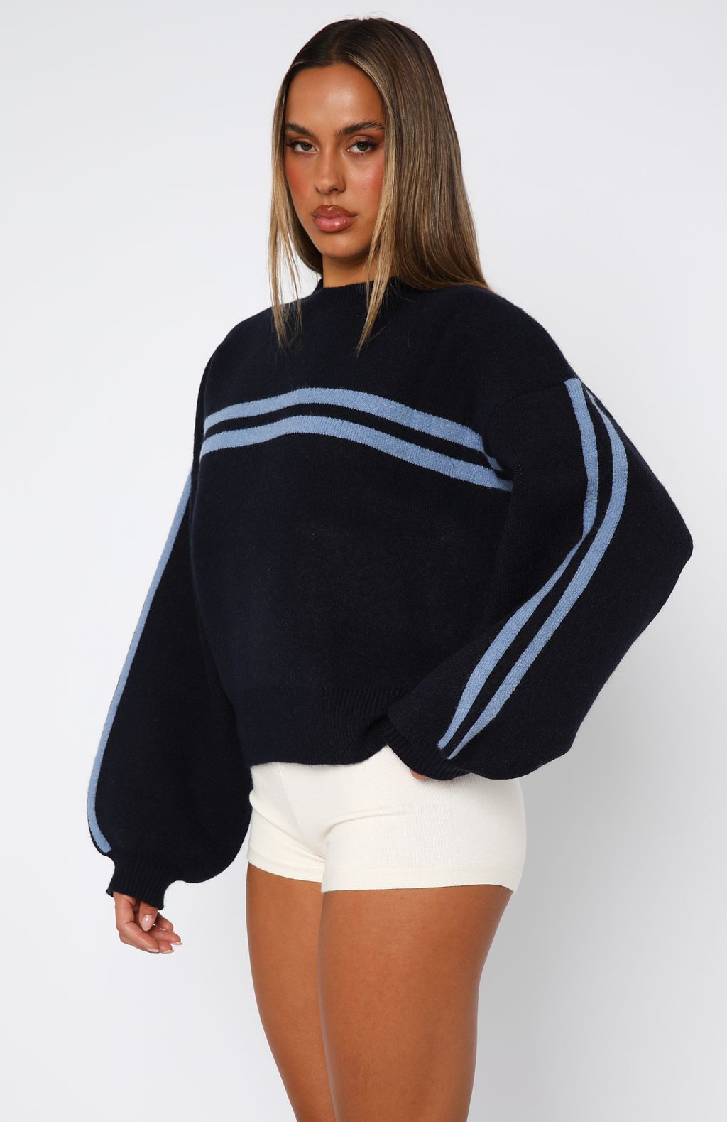 Navy Knit Sweater with Stripe Design - Bring Me Back