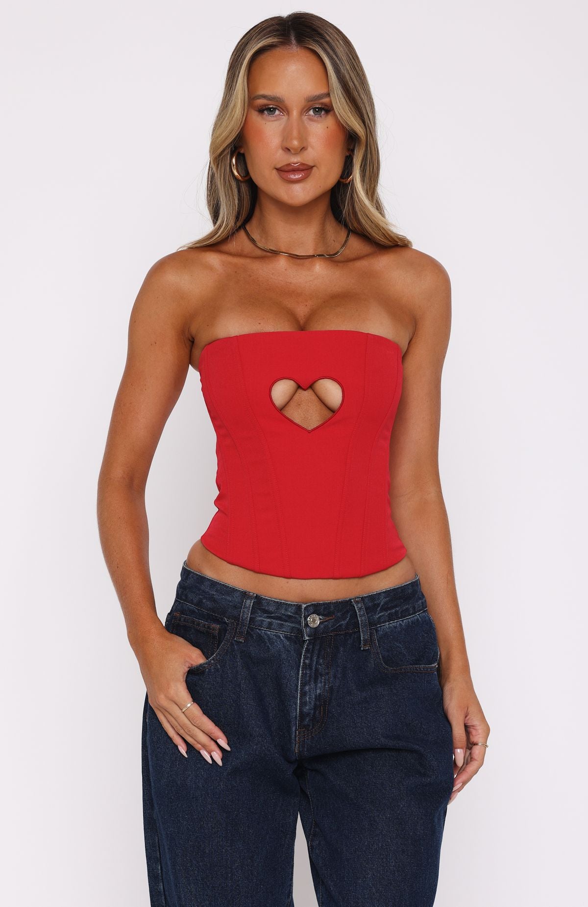 Red Strapless Bustier Top with Heart Cut-Out - Never Love Again
