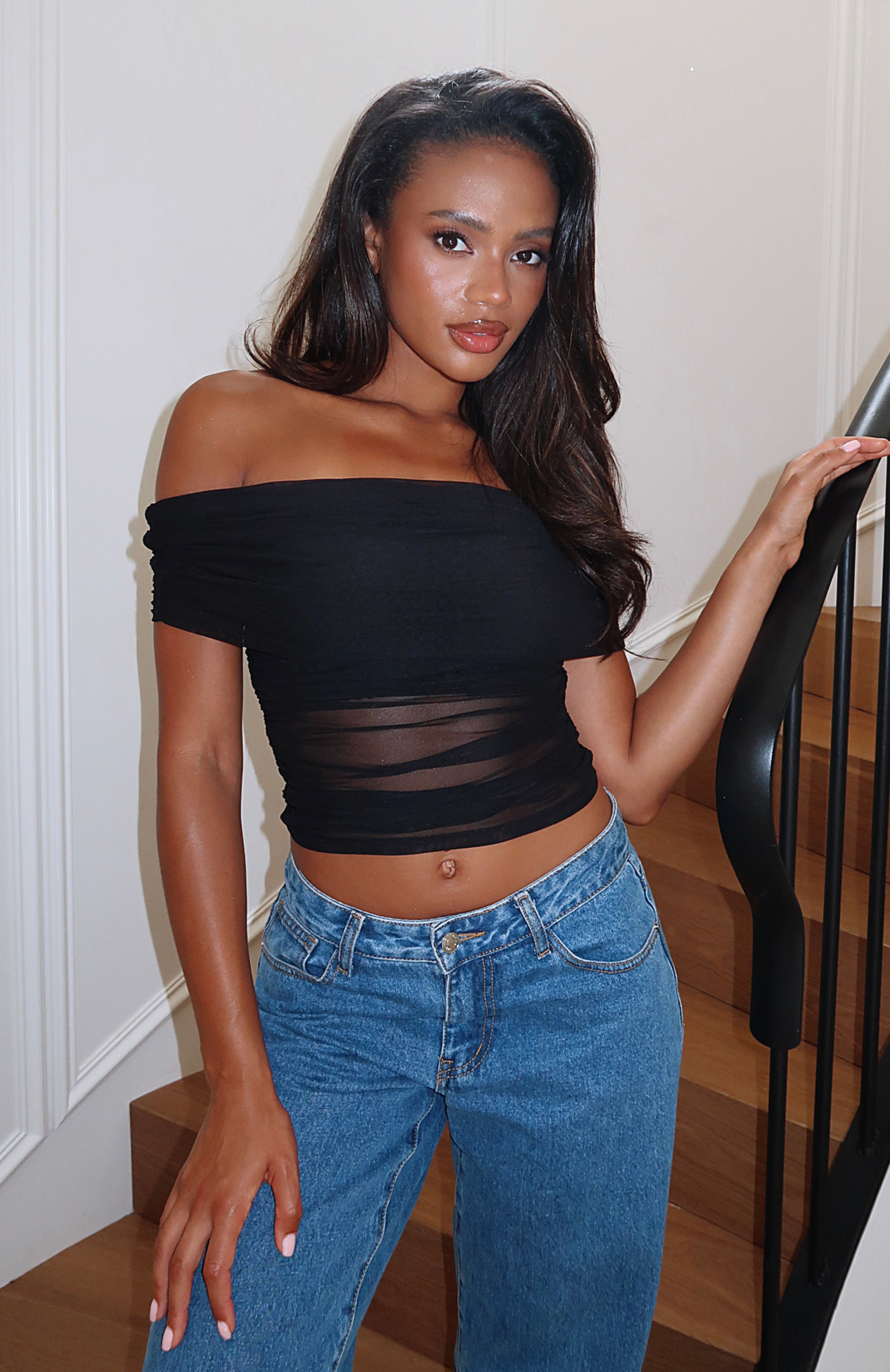 Show Out Off Shoulder Mesh Top Black - Ruched Cropped Blouse
