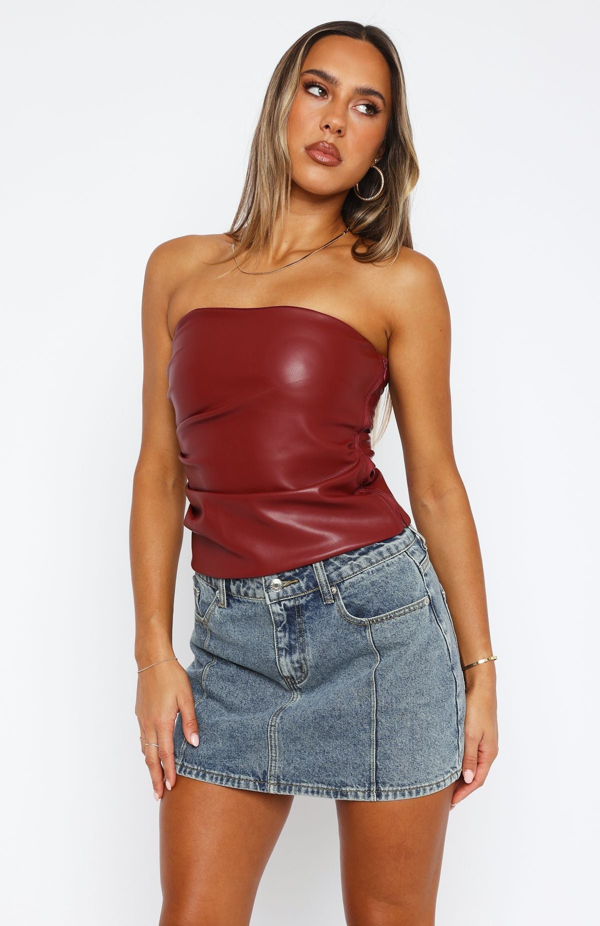 Wine PU Strapless Bustier with Grip Tape & Ruching