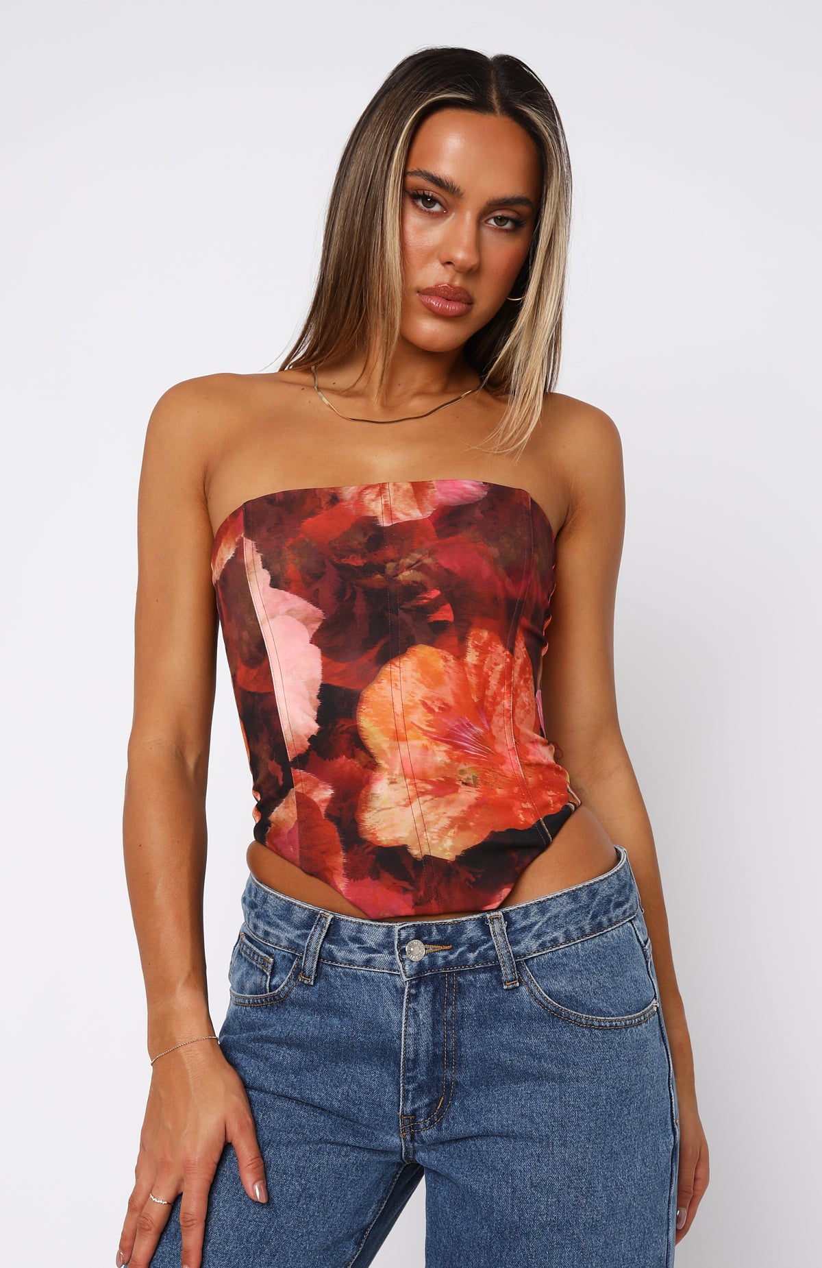Strapless Bustier Top with Lace-Up Back & Floral Print