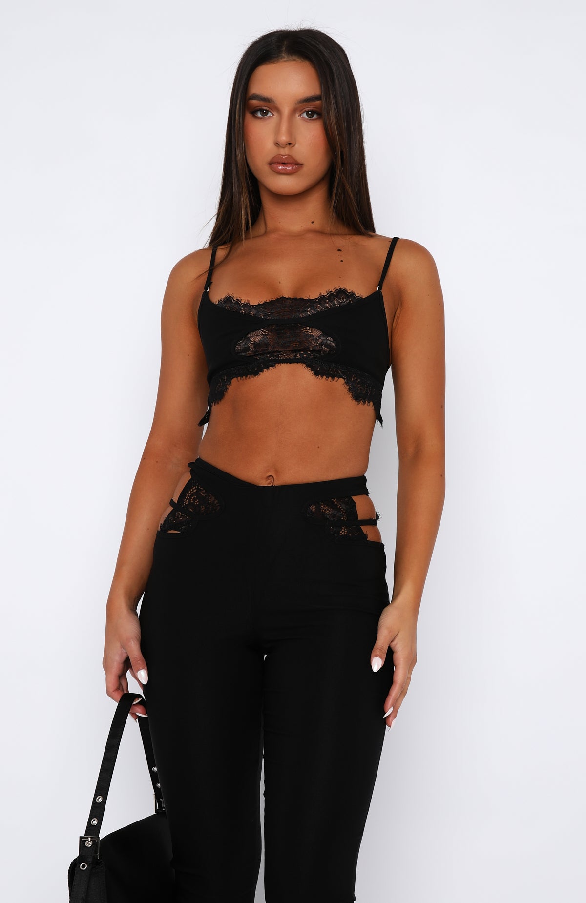 If I Were You Black Lace Crop Top with Cut-Out Design