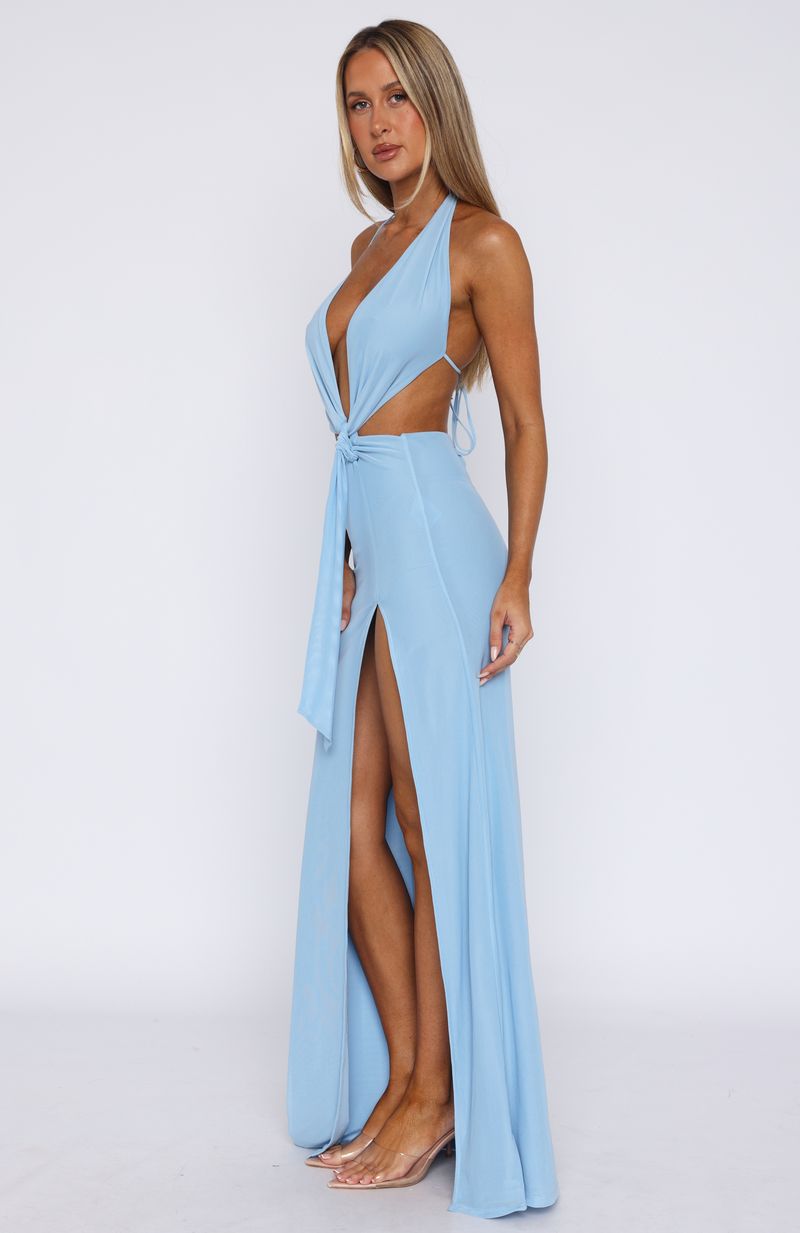 Powder Blue Halter Maxi Dress with Cut Out Waist & Side Split