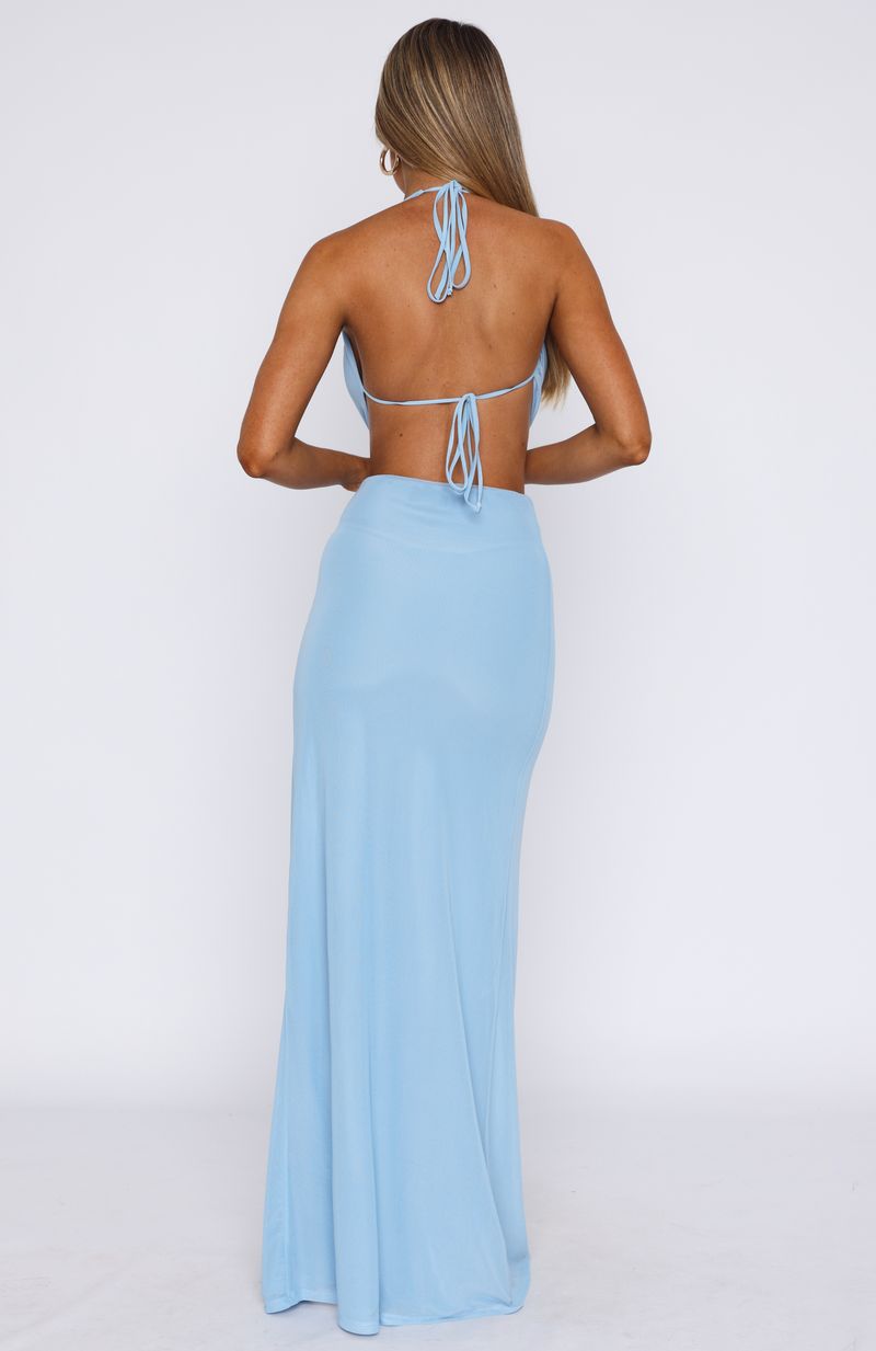 Powder Blue Halter Maxi Dress with Cut Out Waist & Side Split