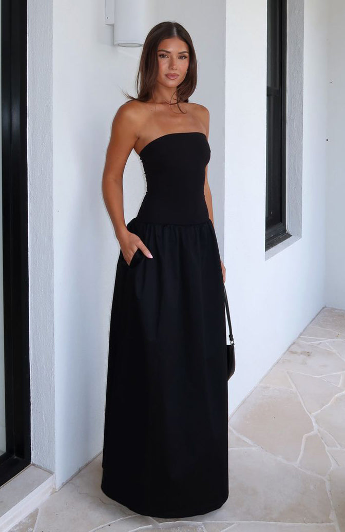 Strapless Black Maxi Dress with Gel Grip & Gathered Skirt